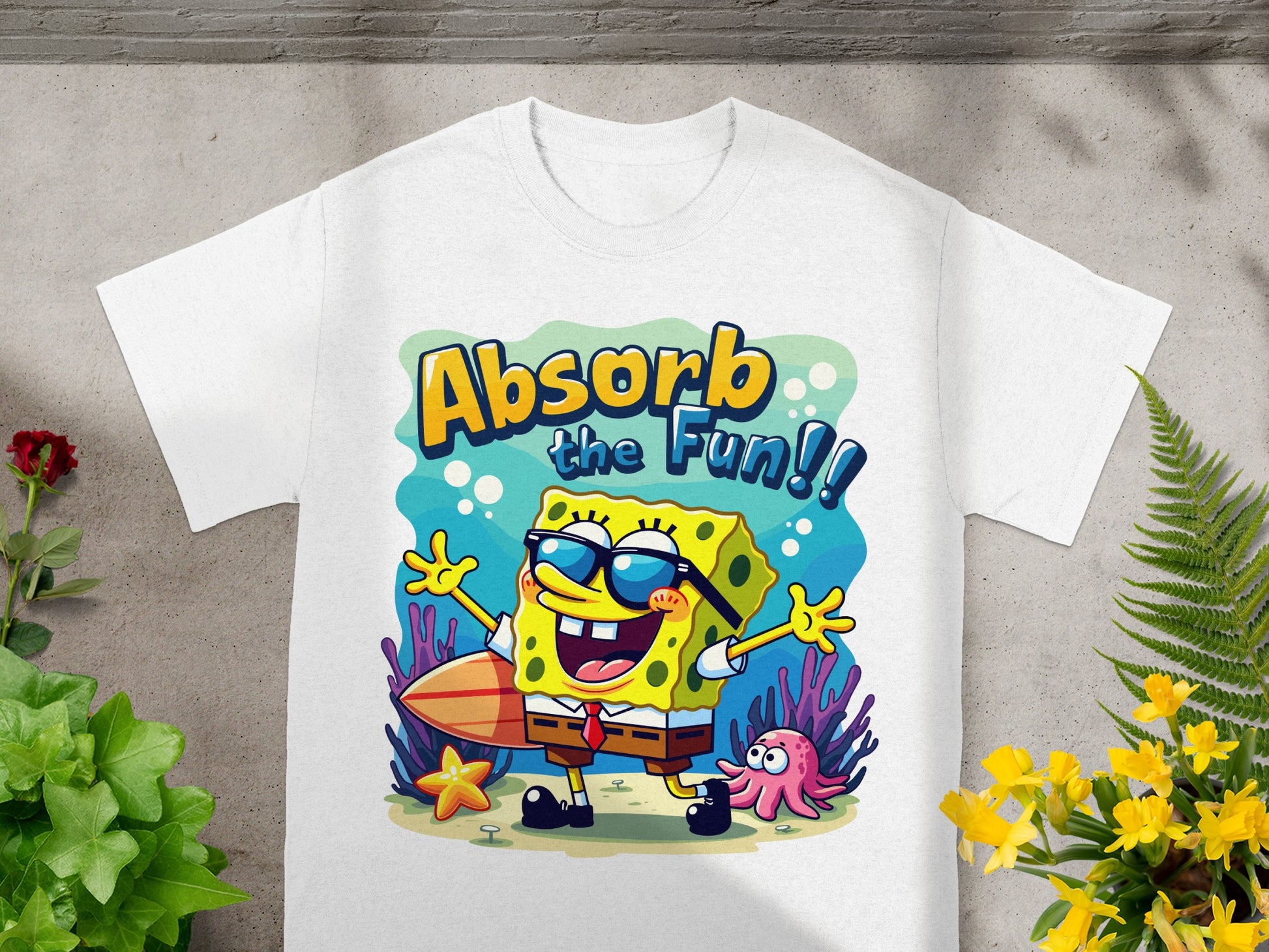 SpongeBob SquarePants wears sunglasses and holds a surfboard, with text "Absorb the Fun!!"
