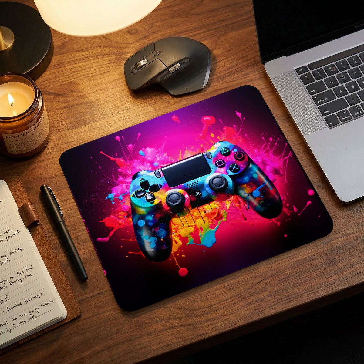 A rectangular mousepad featuring a colorful paint splatter design with a game controller on a wooden desk.
