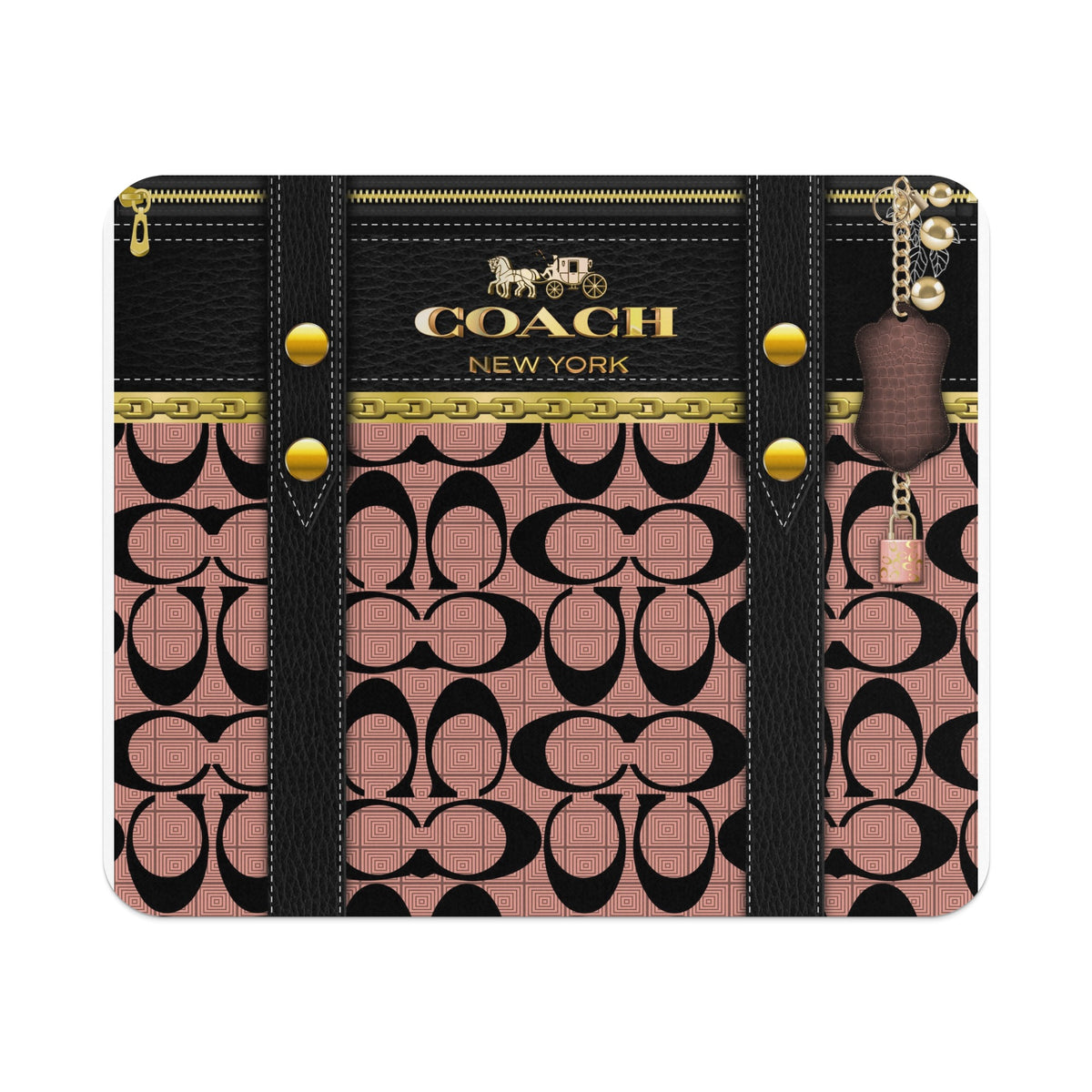 Coach pattern with black leather straps, gold chain, and a small padlock charm.
