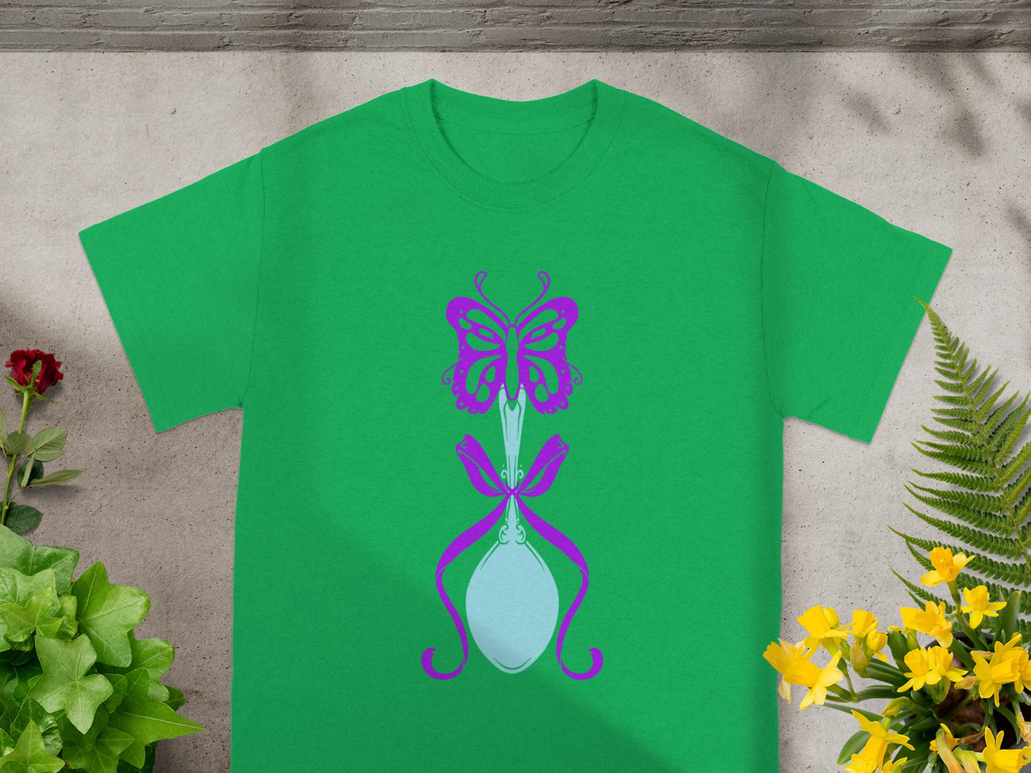 Green T-Shirt with Purple and Blue Butterfly Design