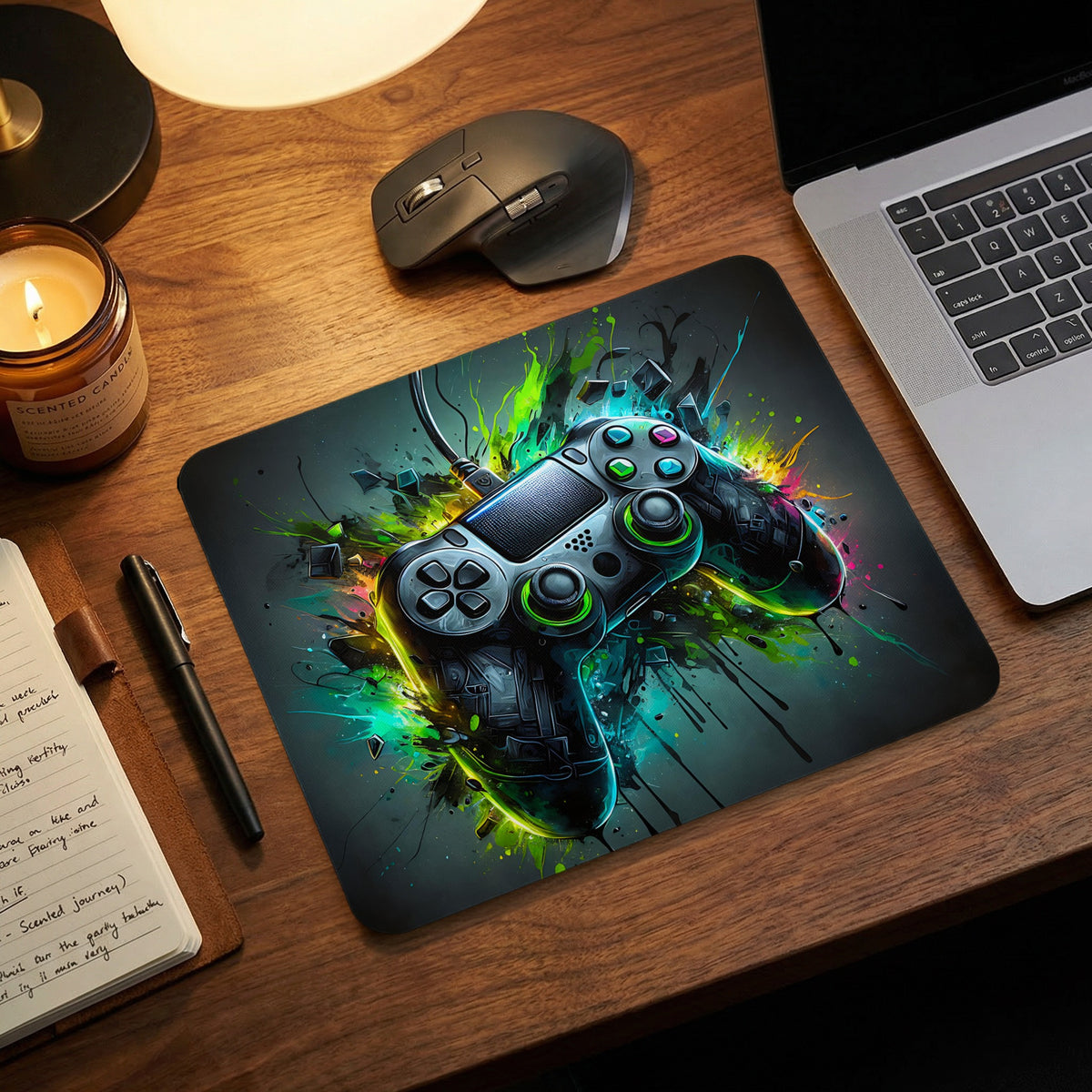 A dark rectangular mouse pad featuring a vibrant, abstract illustration of a game controller surrounded by green and blue paint splatters.