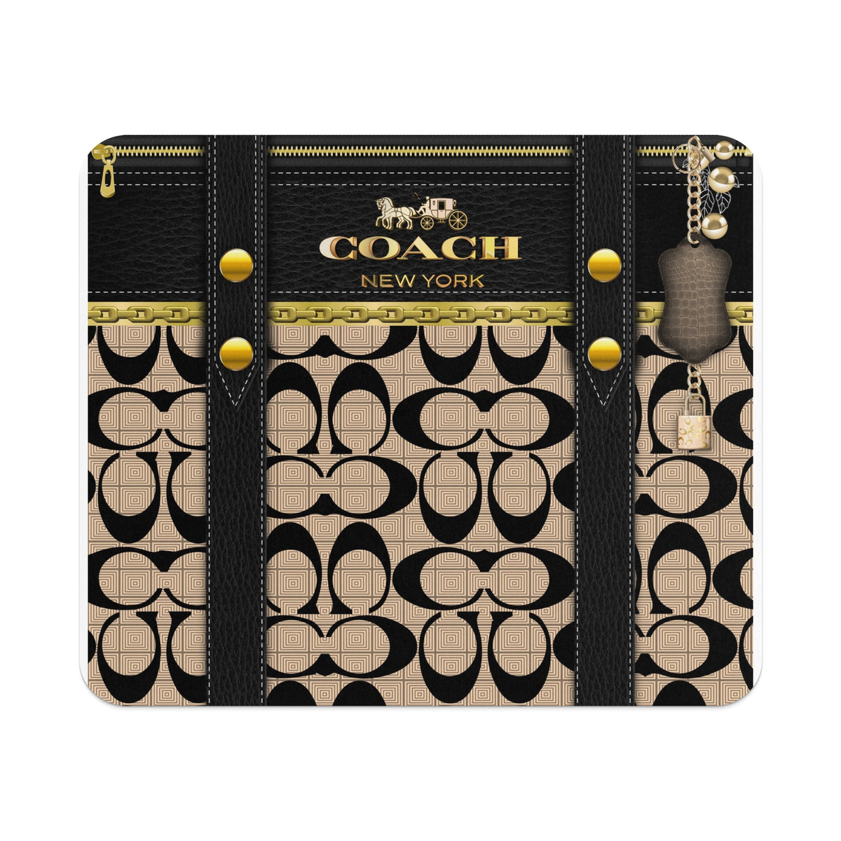 Coach New York patterned case with gold chain, leather straps, and charm.