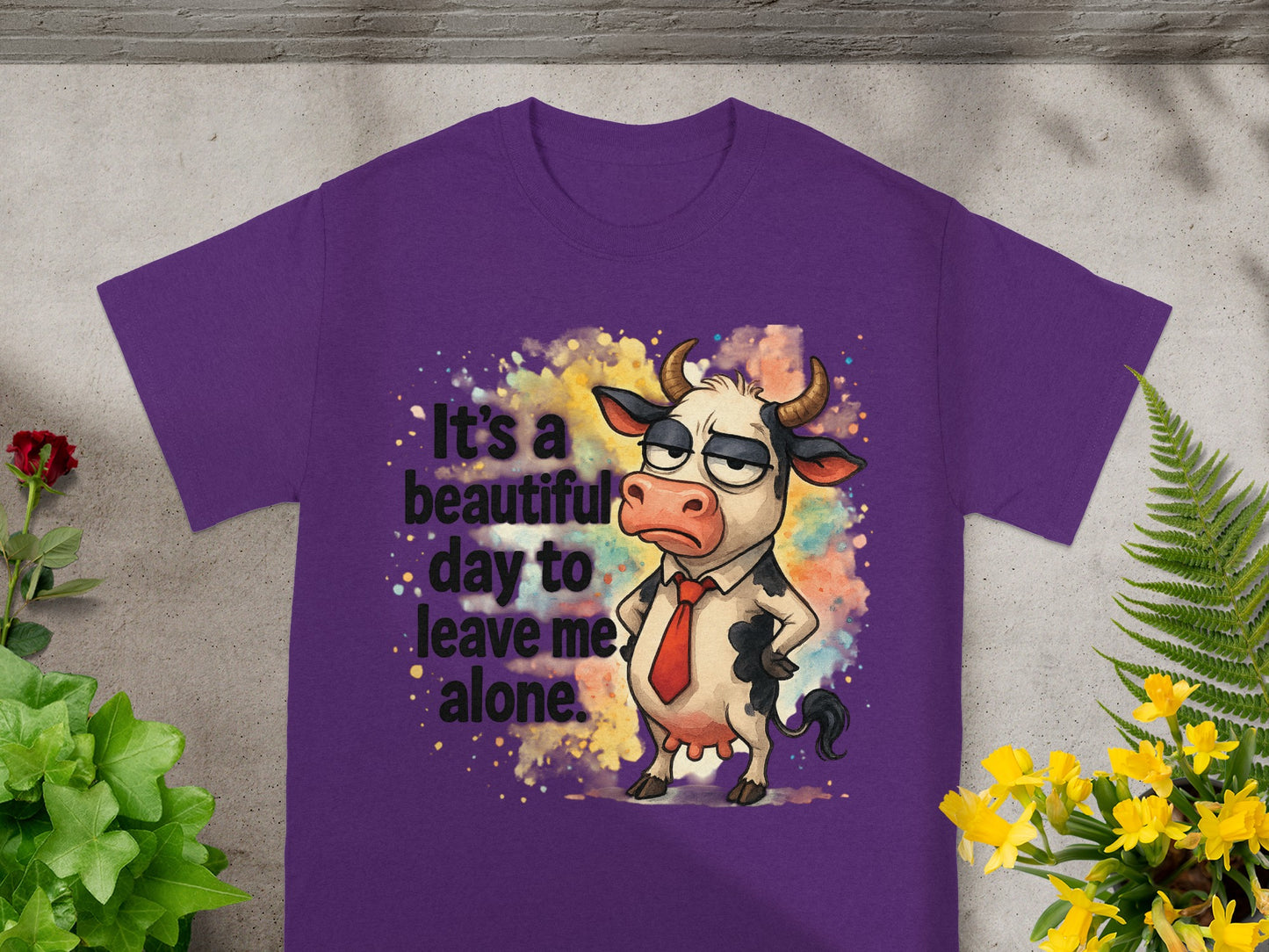 T-shirt with cartoon cow saying "It's a beautiful day to leave me alone."