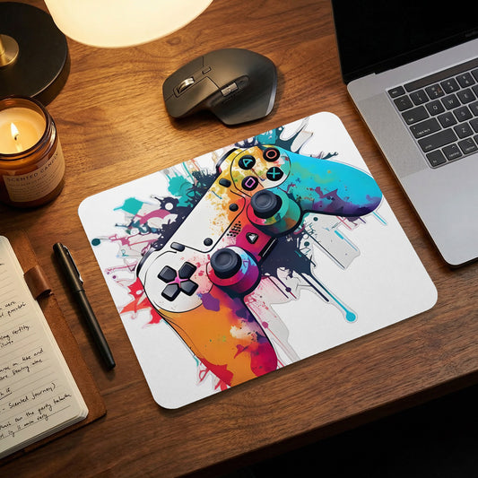 A white mousepad featuring a colorful watercolor painting of a video game controller sits on a wooden desk.