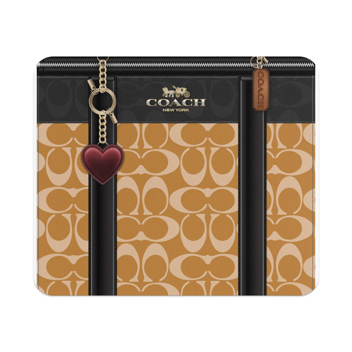 Coach New York bag with signature print and heart charm.
