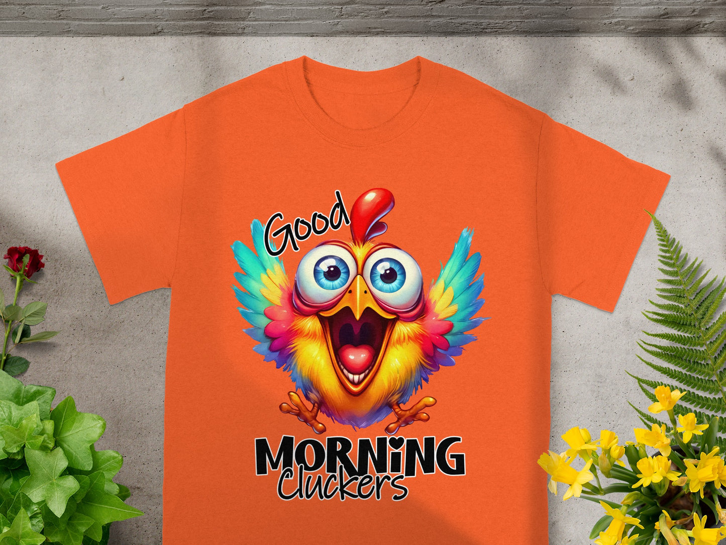 Good Morning Cluckers Colorful Rooster Graphic Tee
