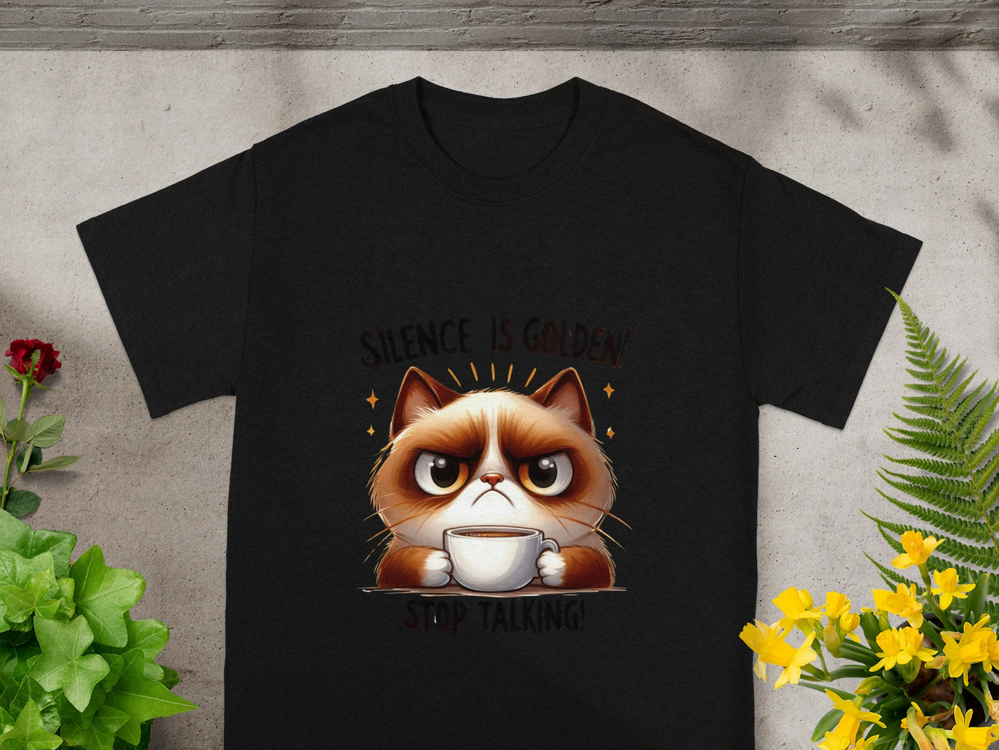 Silence Is Golden Stop Talking Cat Graphic T-shirt