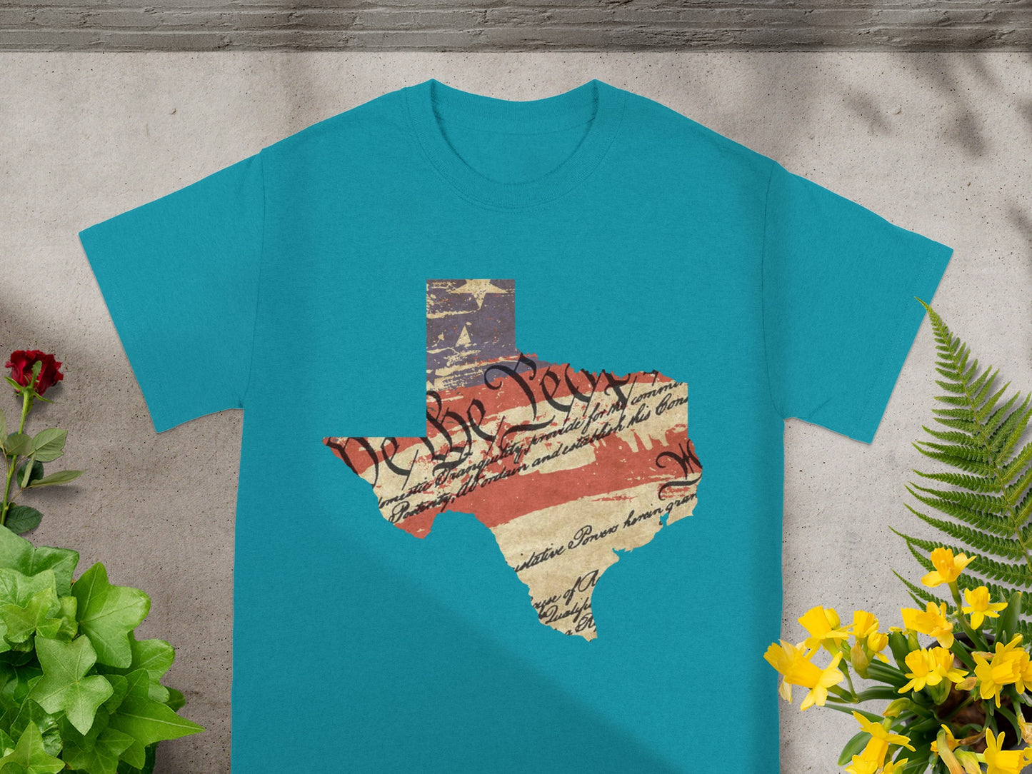 Texas outline with "We the People" text and US flag pattern.