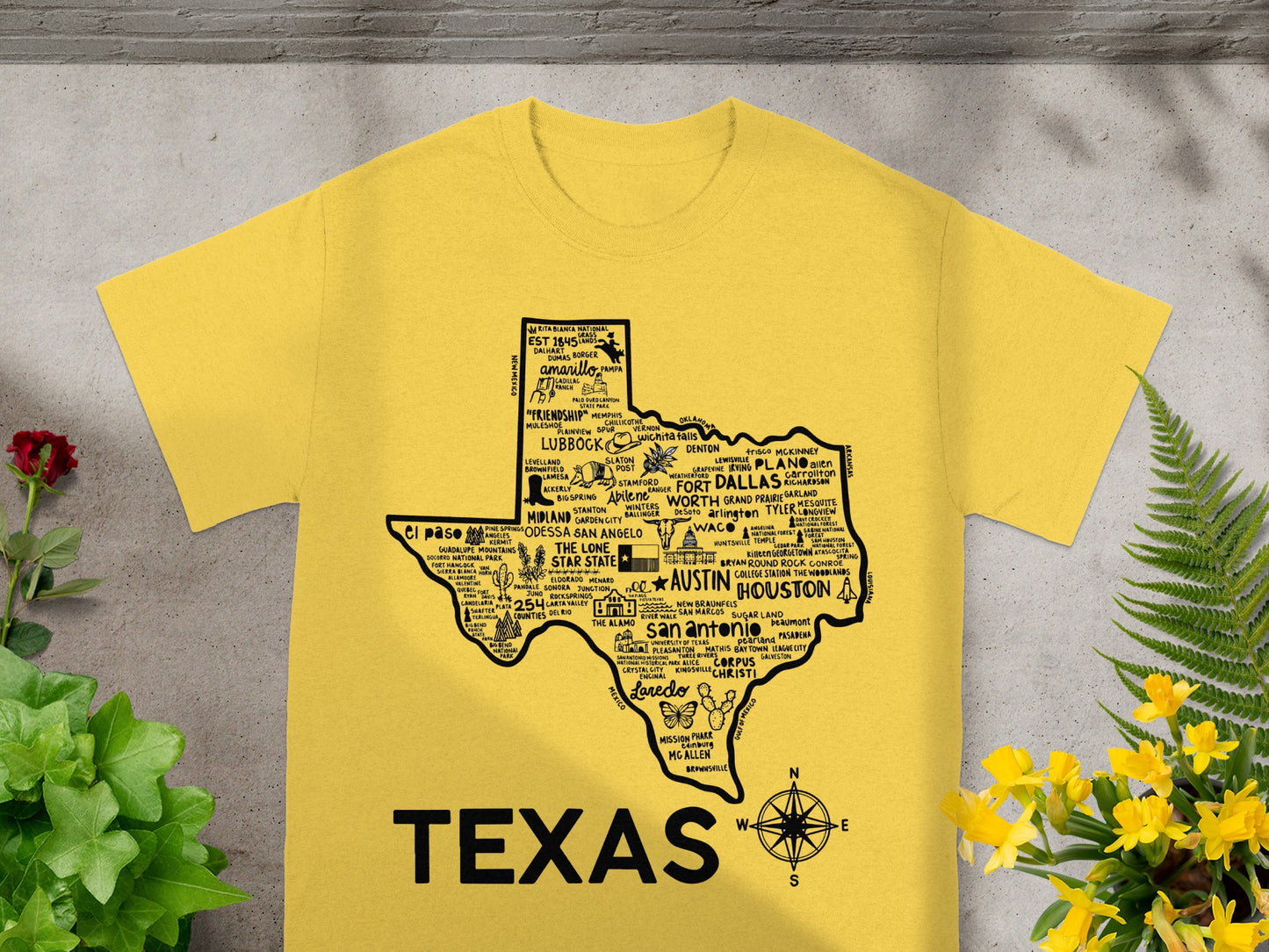Texas Map Design Yellow Graphic Tee Shirt