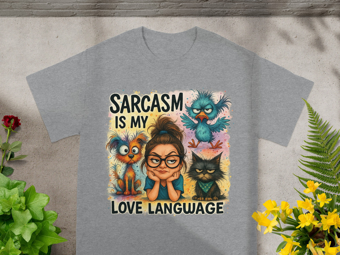 Grey t-shirt with a sarcastic quote and cartoon animals.