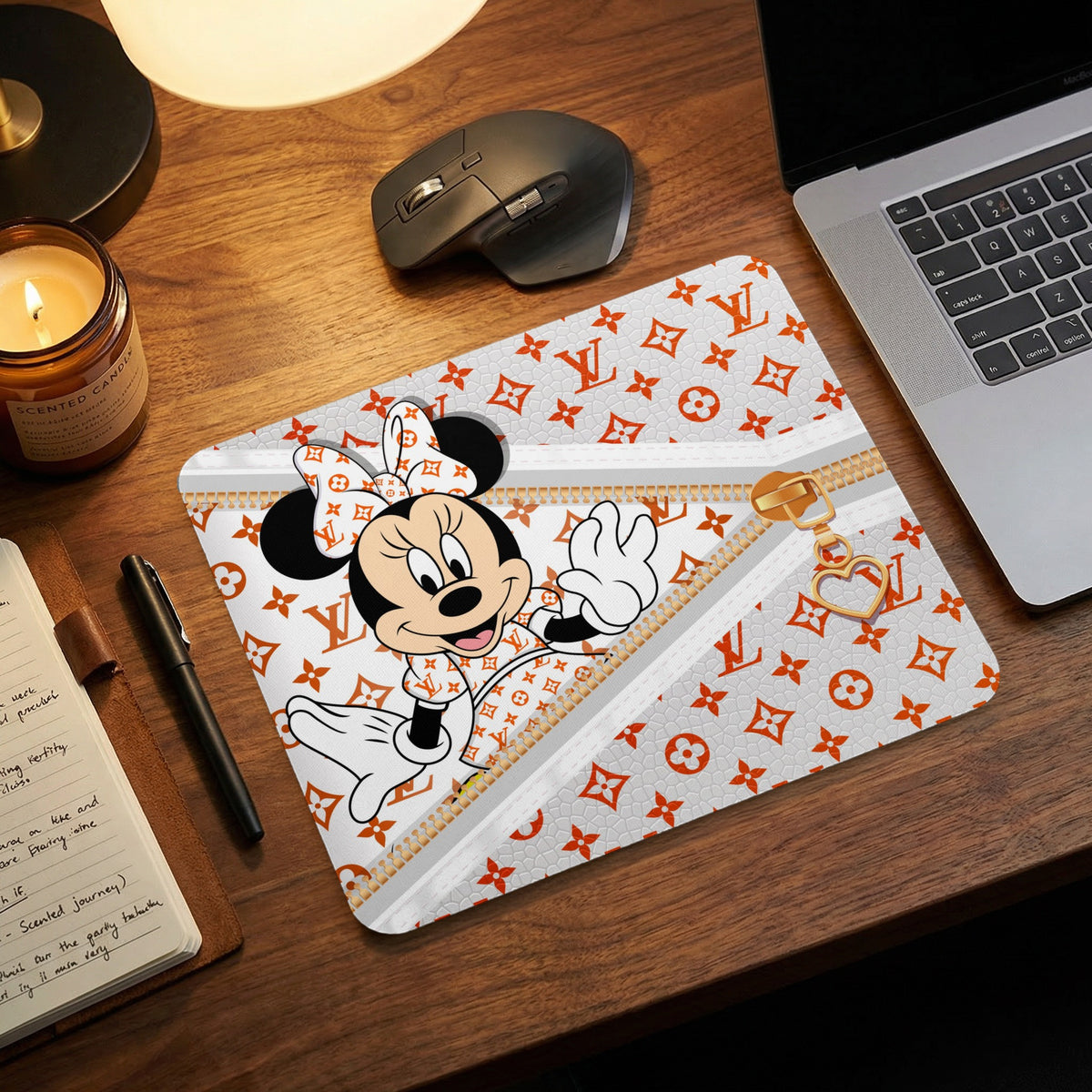 Mousepad featuring Minnie Mouse with a Louis Vuitton-inspired pattern.