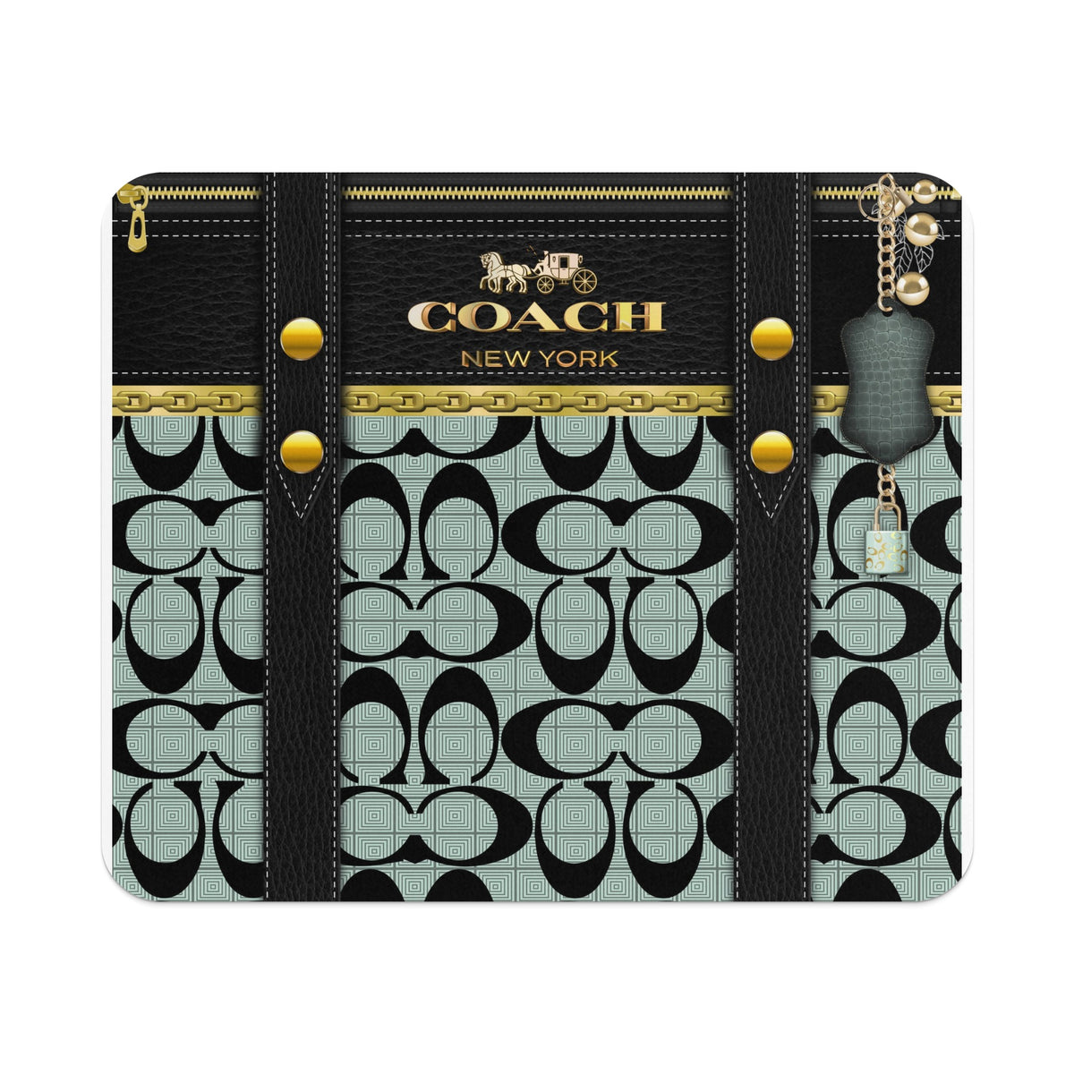 Coach New York black leather wallet with signature pattern and keychain.