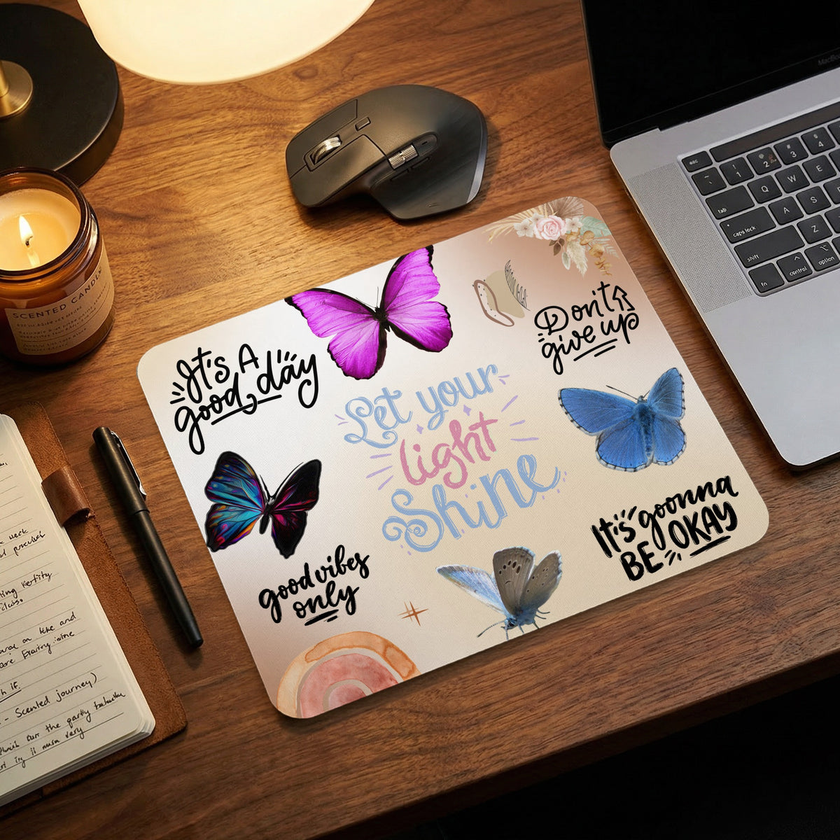 Mousepad with butterflies and positive phrases like "It's a good day" and "Shine."