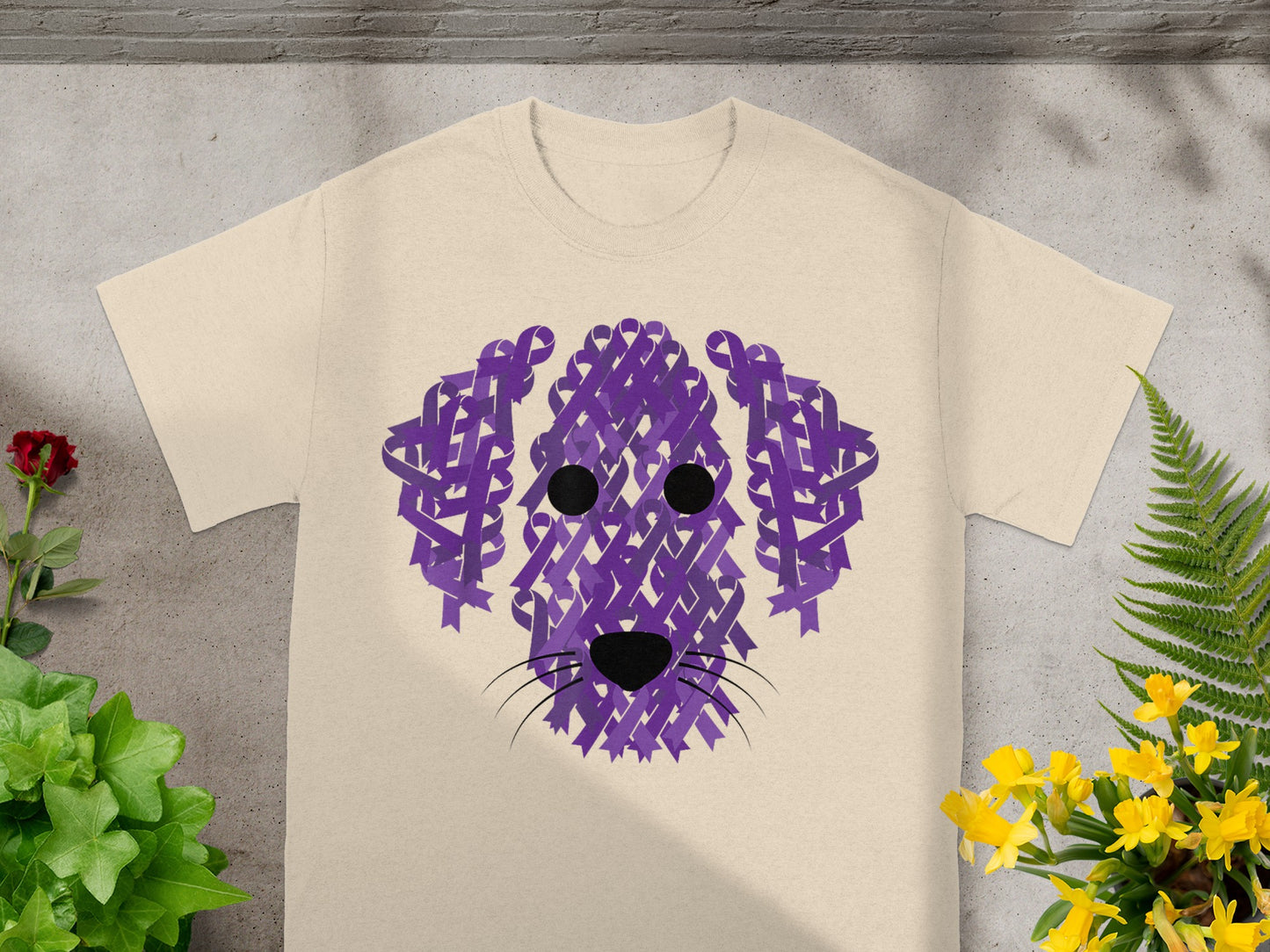 Purple Dog Graphic Design on Beige T-Shirt Product