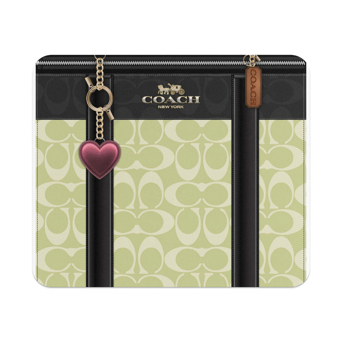 Coach New York monogram print wallet with heart charm and leather tag.