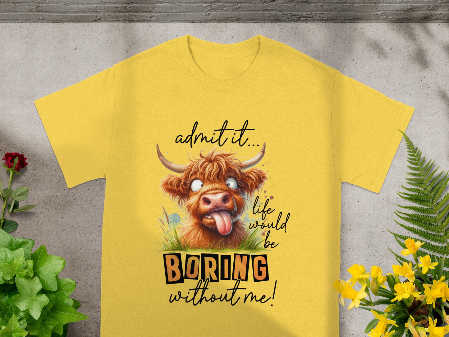 Yellow T-Shirt with Funny Highland Cow Print Design