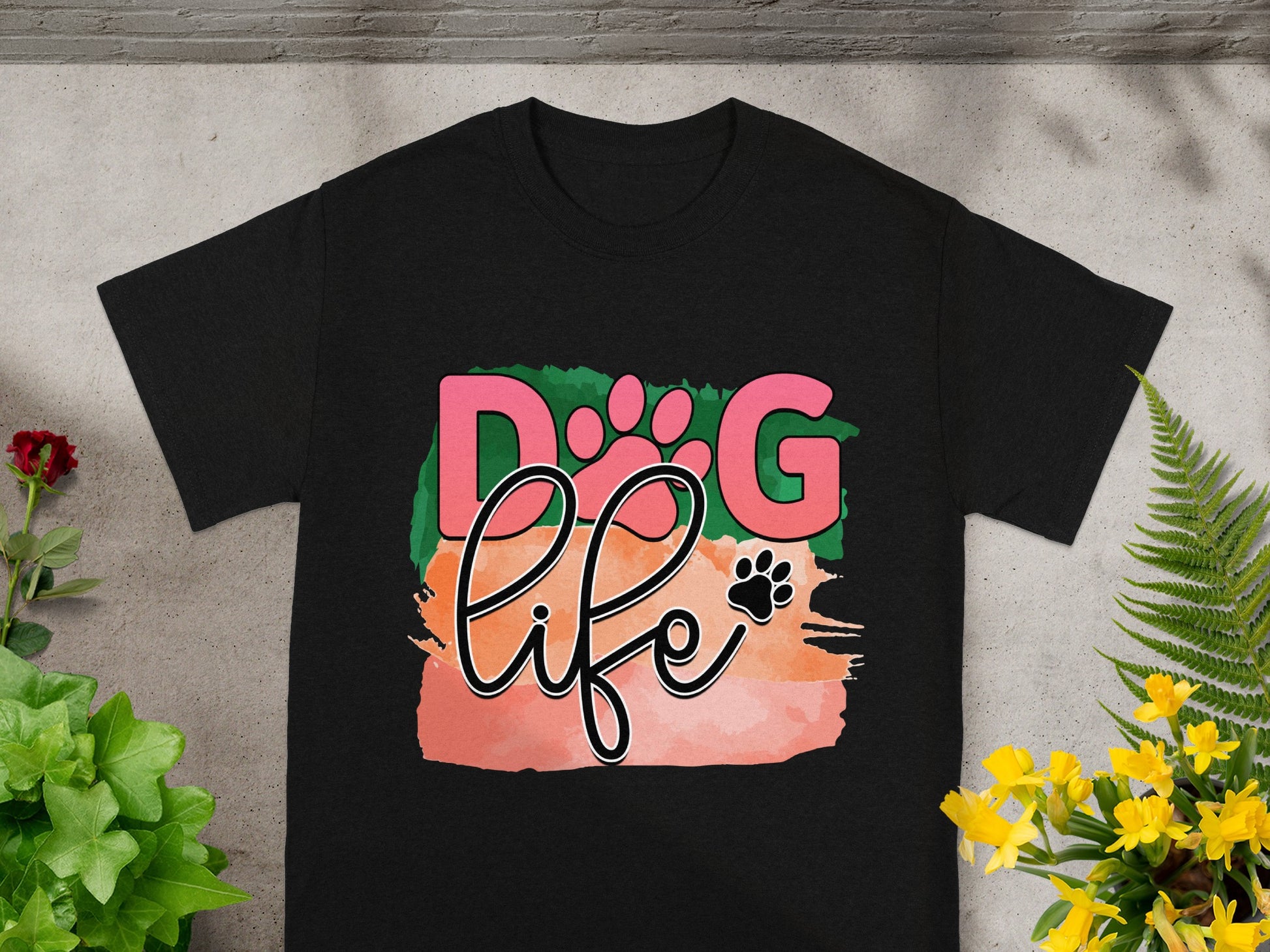 Colorful Dog Life Graphic Paw Print T-Shirt