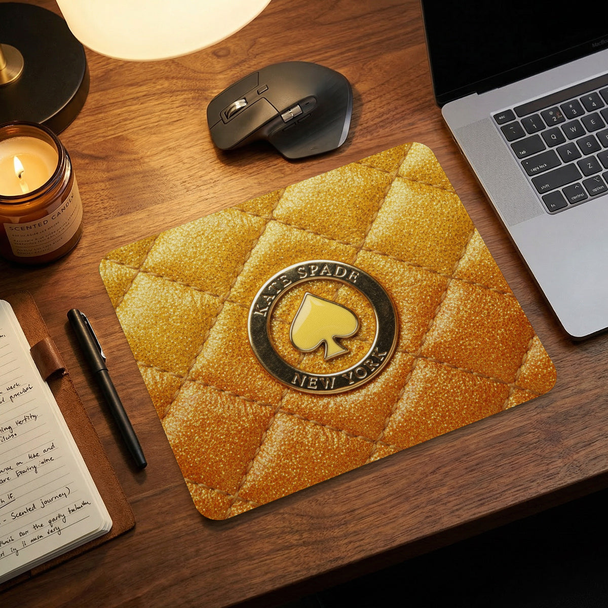 Gold quilted mousepad with Kate Spade New York logo on a desk.