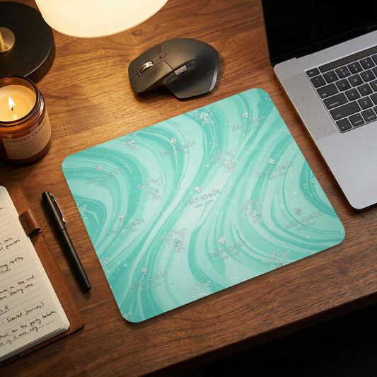 Kate Spade New York mousepad with repeating spade and wavy teal design.