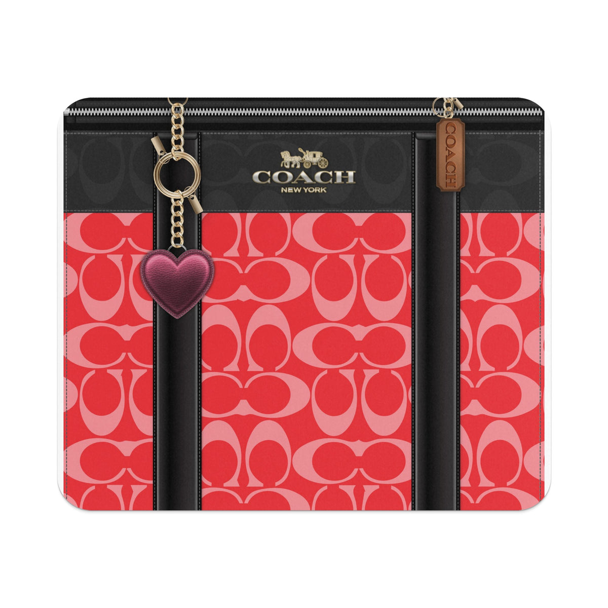 Coach wallet with red C pattern, gold chain, and heart charm.