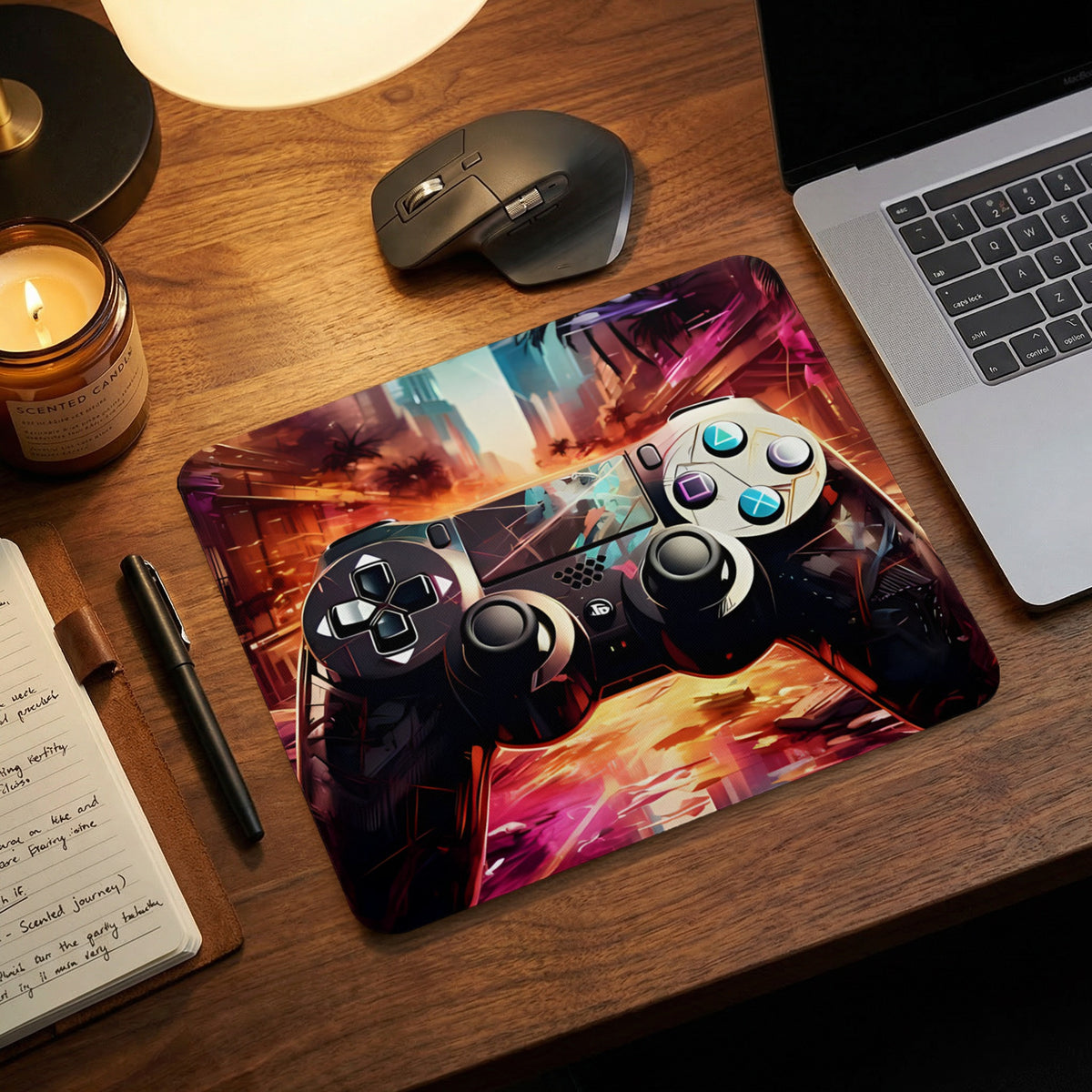 A rectangular gaming mousepad featuring a graphic illustration of a gamepad against a vibrant, abstract background.