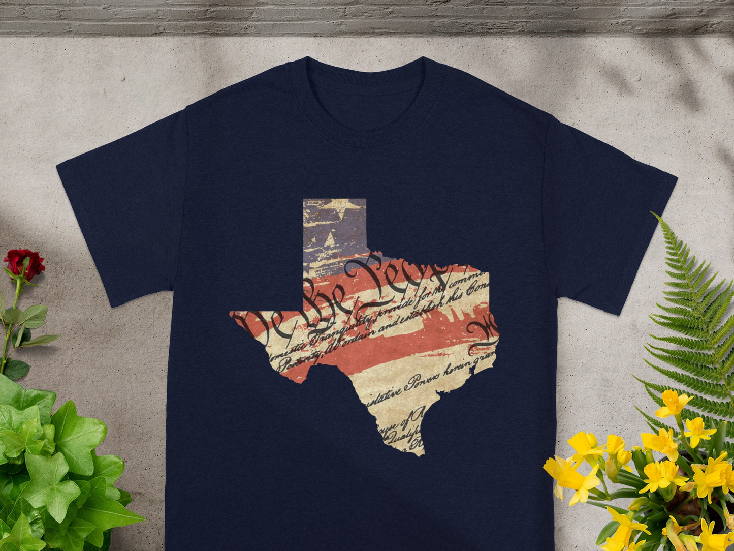 Navy t-shirt with Texas outline filled with US flag and Constitution text.