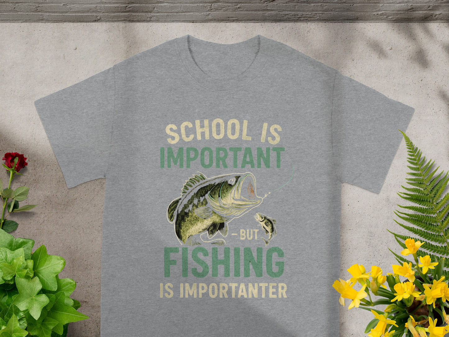 Grey t-shirt with fishing graphic and text "School is Important - But Fishing is Importanter"