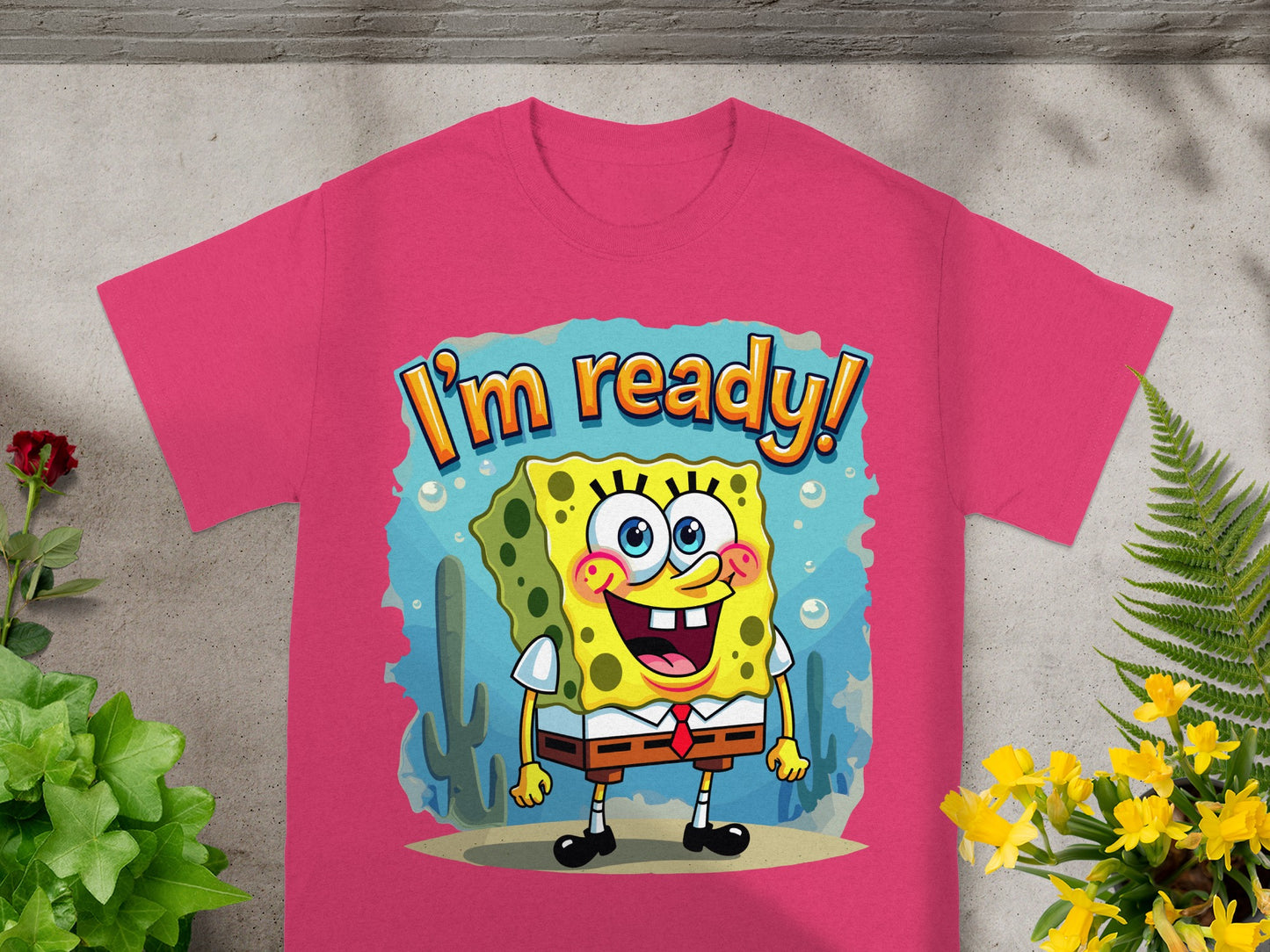 SpongeBob SquarePants shirt with "I'm ready!" text and underwater scene.