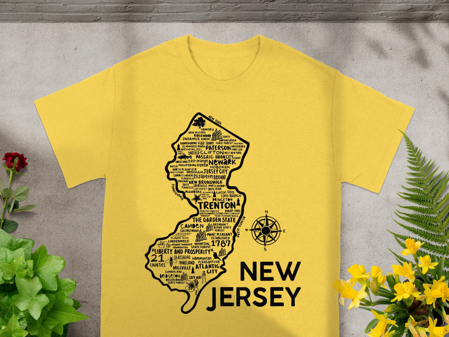 New Jersey State Map Theme Printed Yellow T-Shirt