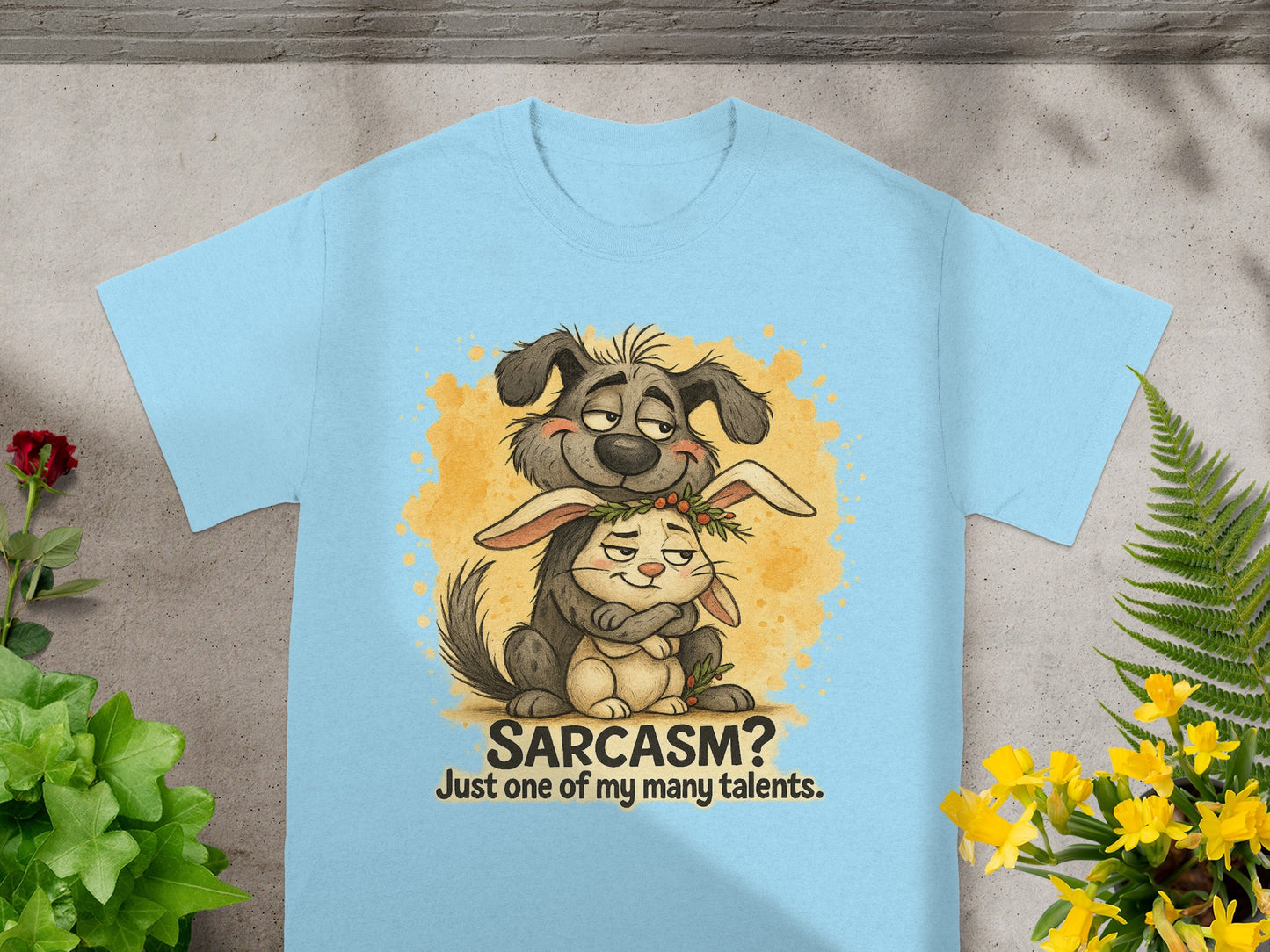 Light blue t-shirt with a dog hugging a rabbit and the text "SARCASTIC? Just one of my many talents."