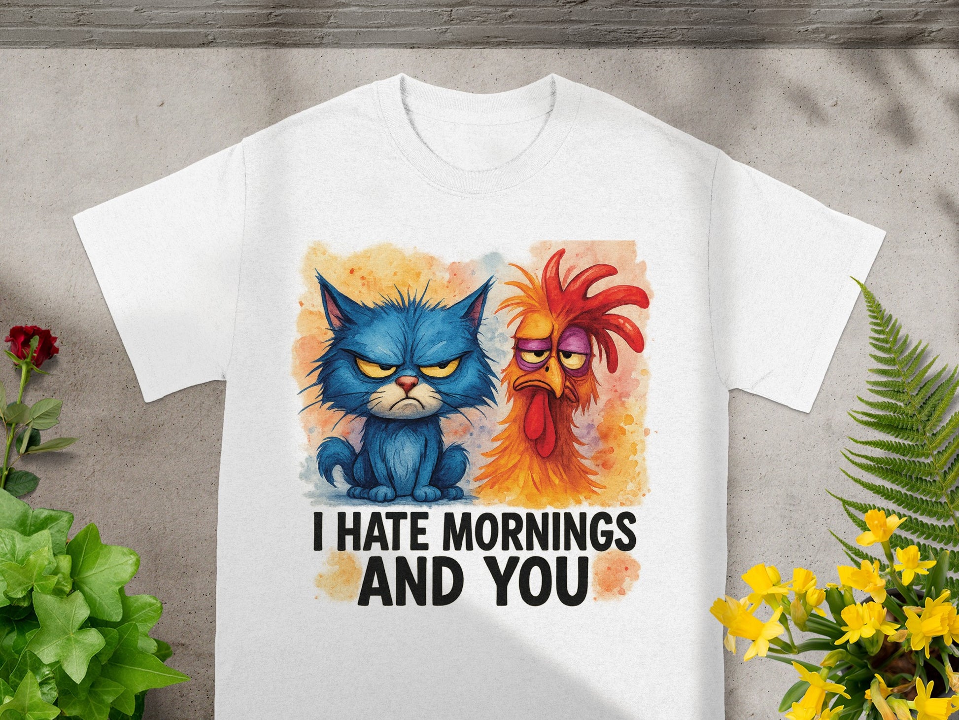 White t-shirt with grumpy blue cat and annoyed rooster illustration.