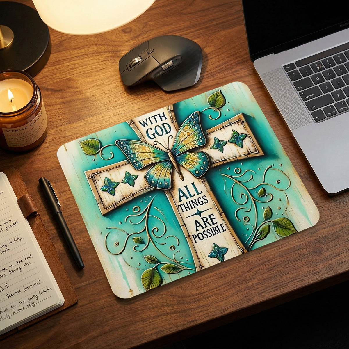 A rectangular mouse pad featuring a wooden cross, a butterfly, and the text With God All Things Are Possible.