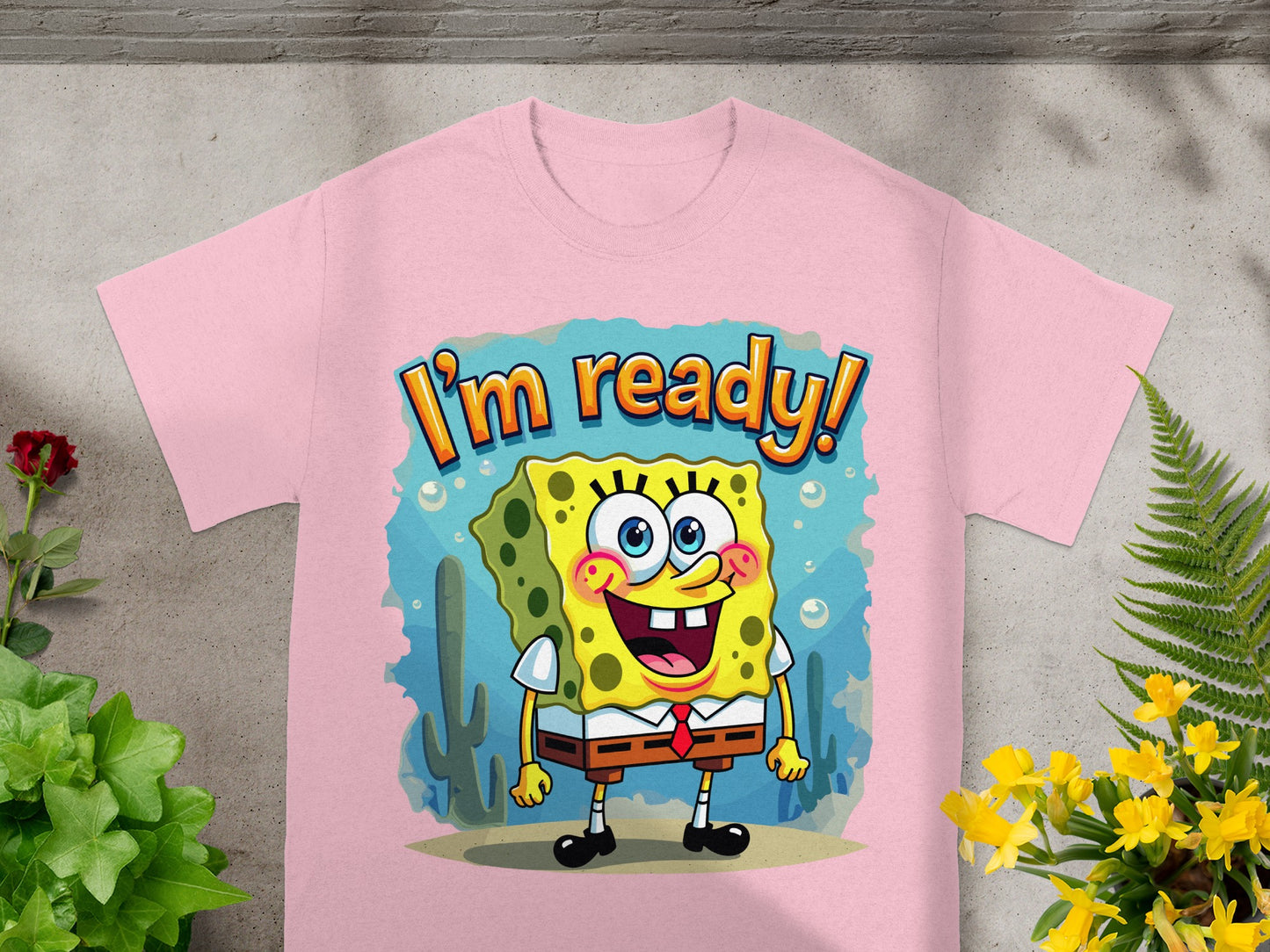 Pink t-shirt with a cartoon of Spongebob Squarepants saying "I'm ready!"