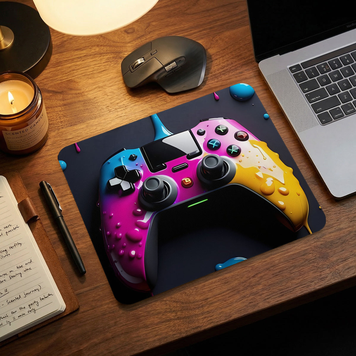 A dark wooden desk features a colorful gaming mousepad with a water-splashed video game controller design.