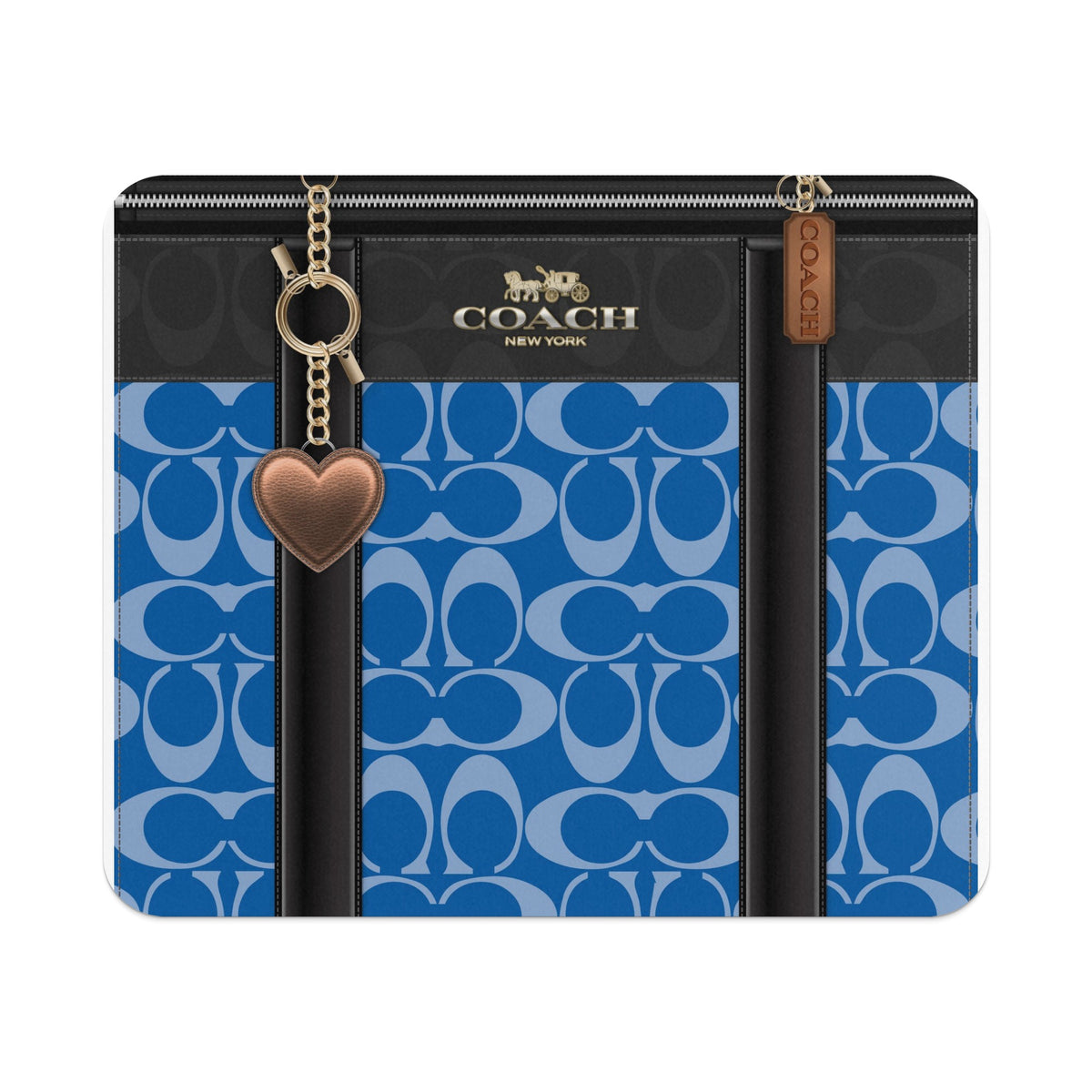 Coach wallet with blue all-over C logo pattern, gold hardware, and heart charm.