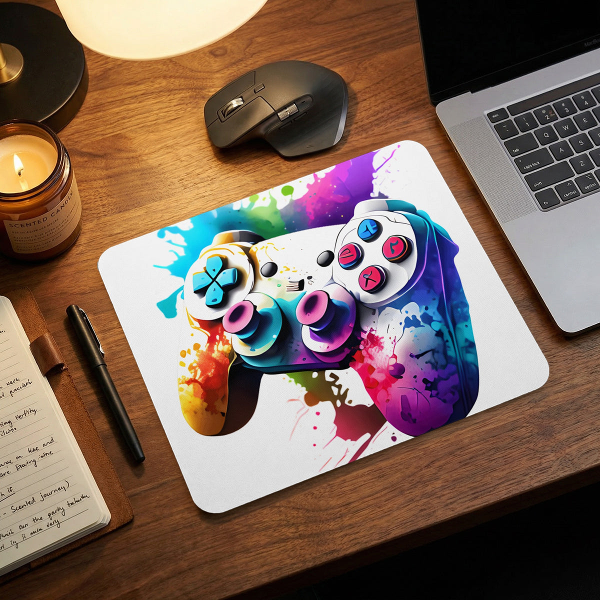 A white mousepad featuring a colorful watercolor painting of a video game controller sits on a wooden desk.