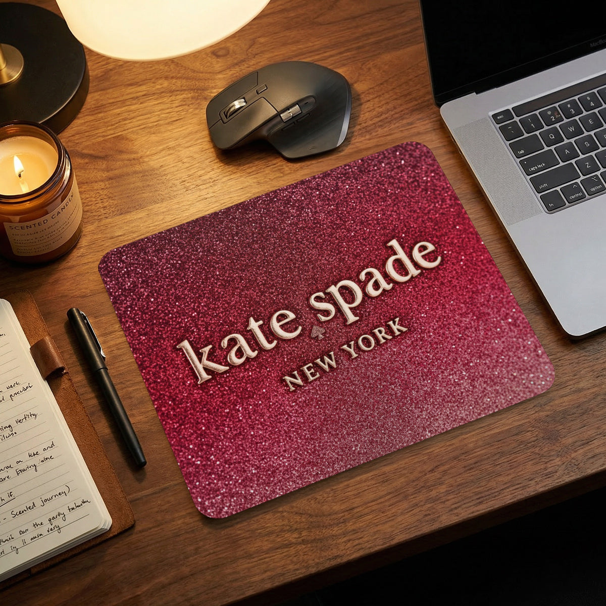 Kate Spade New York mousepad with pink glitter and metallic text.