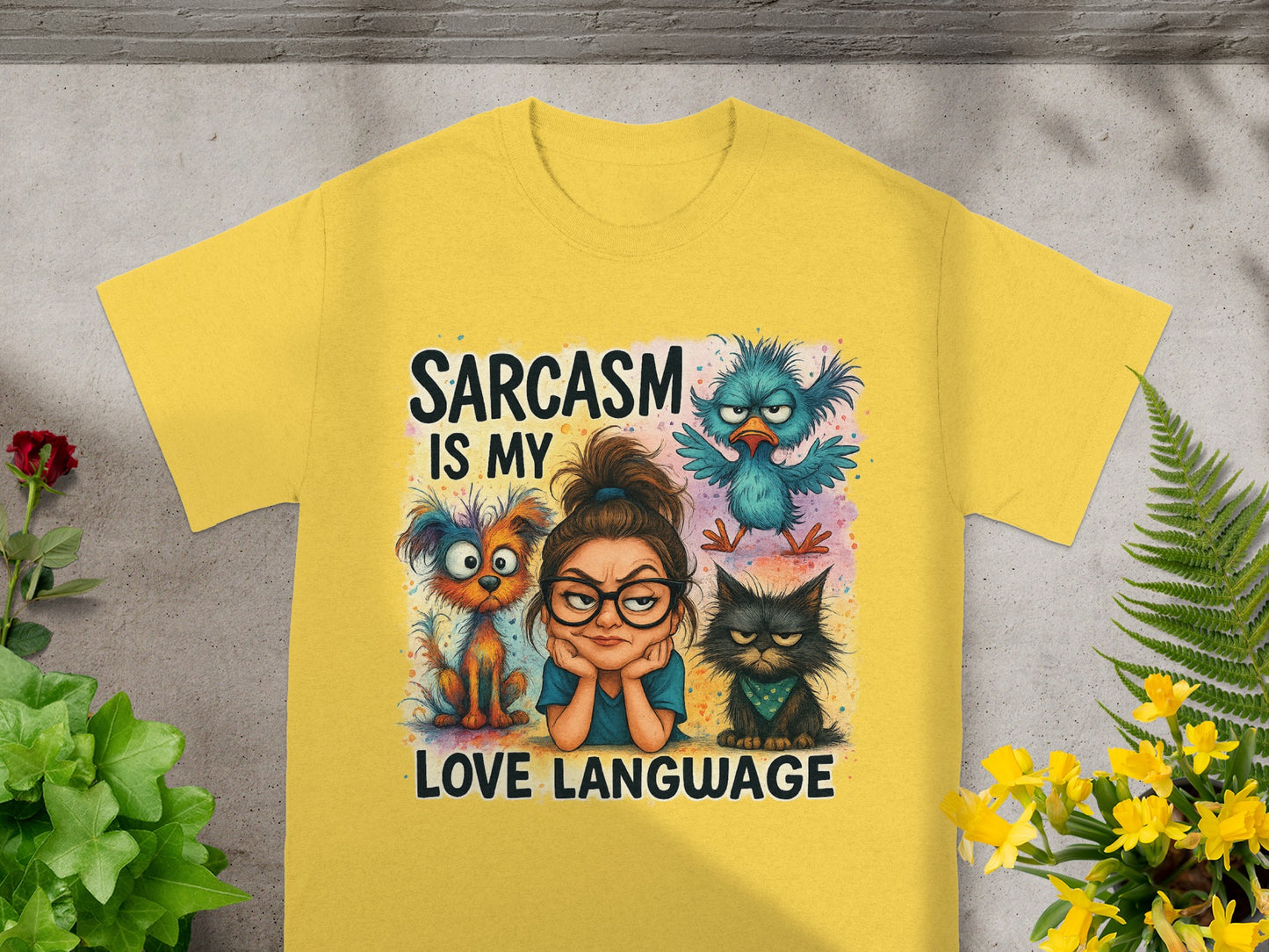 Yellow t-shirt with cartoon animals and text "Sarcasm is my Love Language".