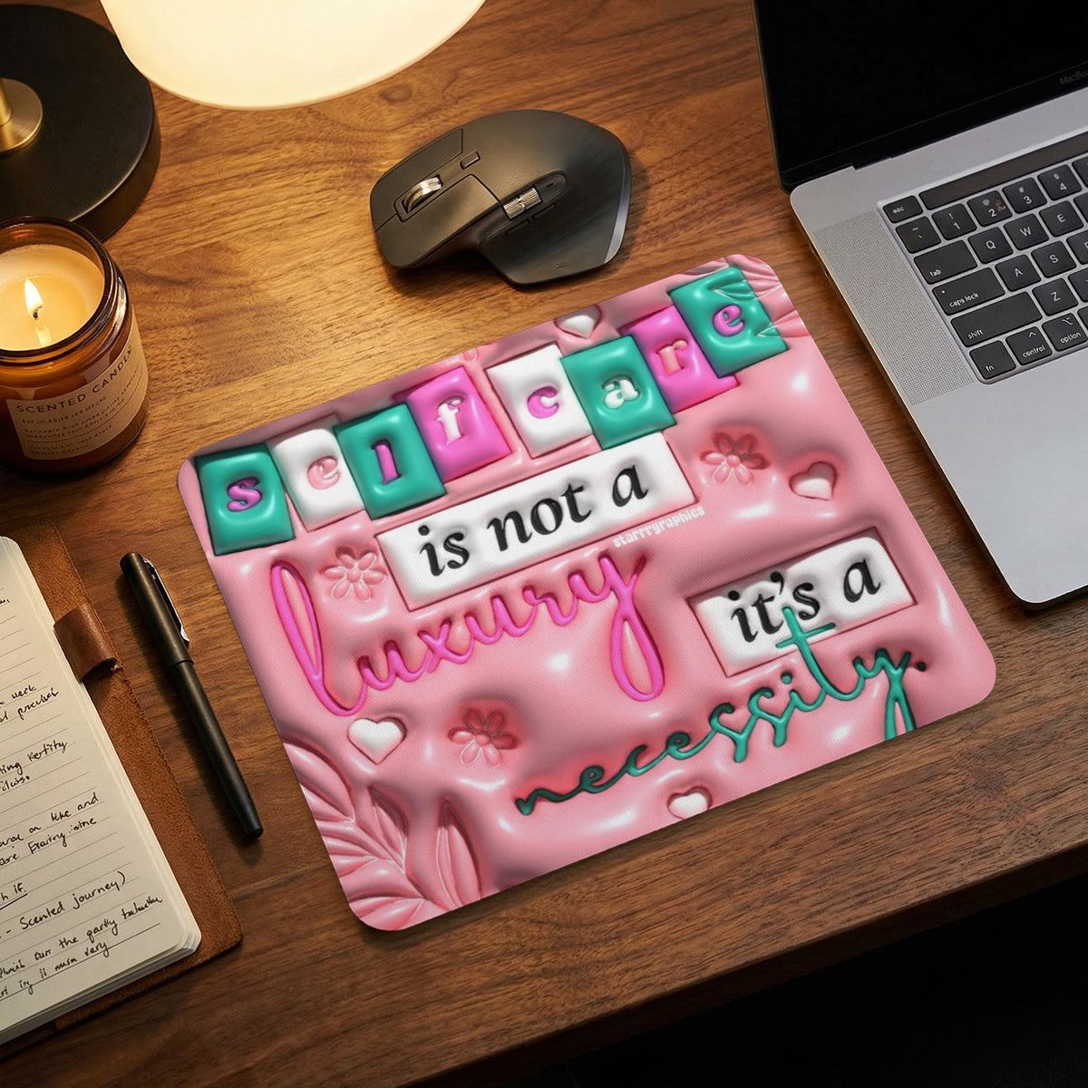 Mousepad with text "Skincare is not a luxury it's a necessity."