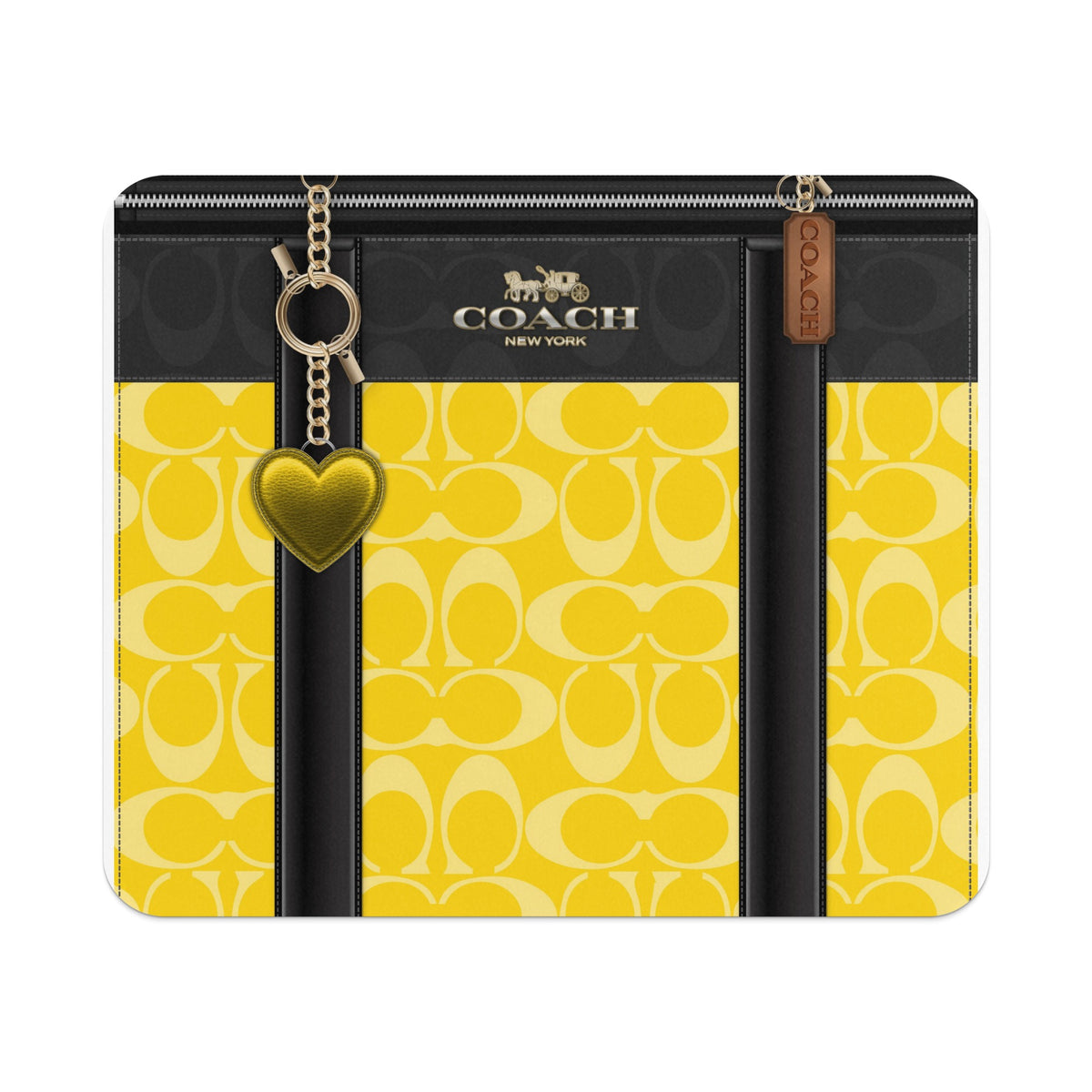 Coach yellow and black C-pattern wallet with heart charm and leather tag.