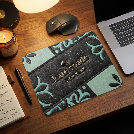 Kate Spade New York mousepad with black and teal floral pattern.