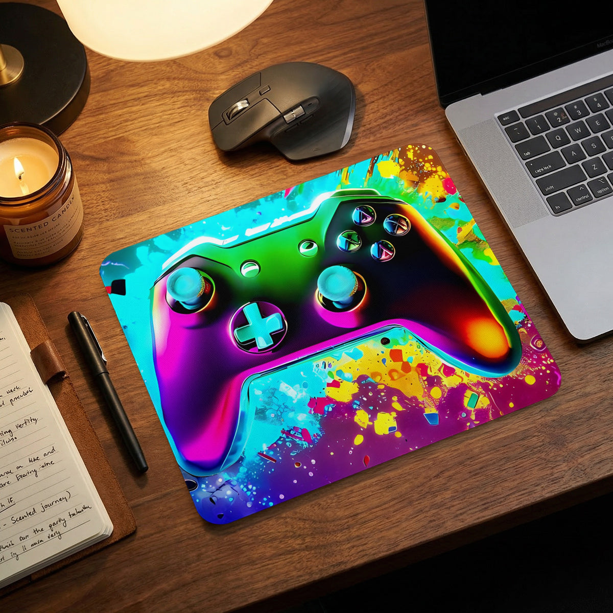 A colorful rectangular mouse pad featuring a vibrant game controller design on a wooden desk.
