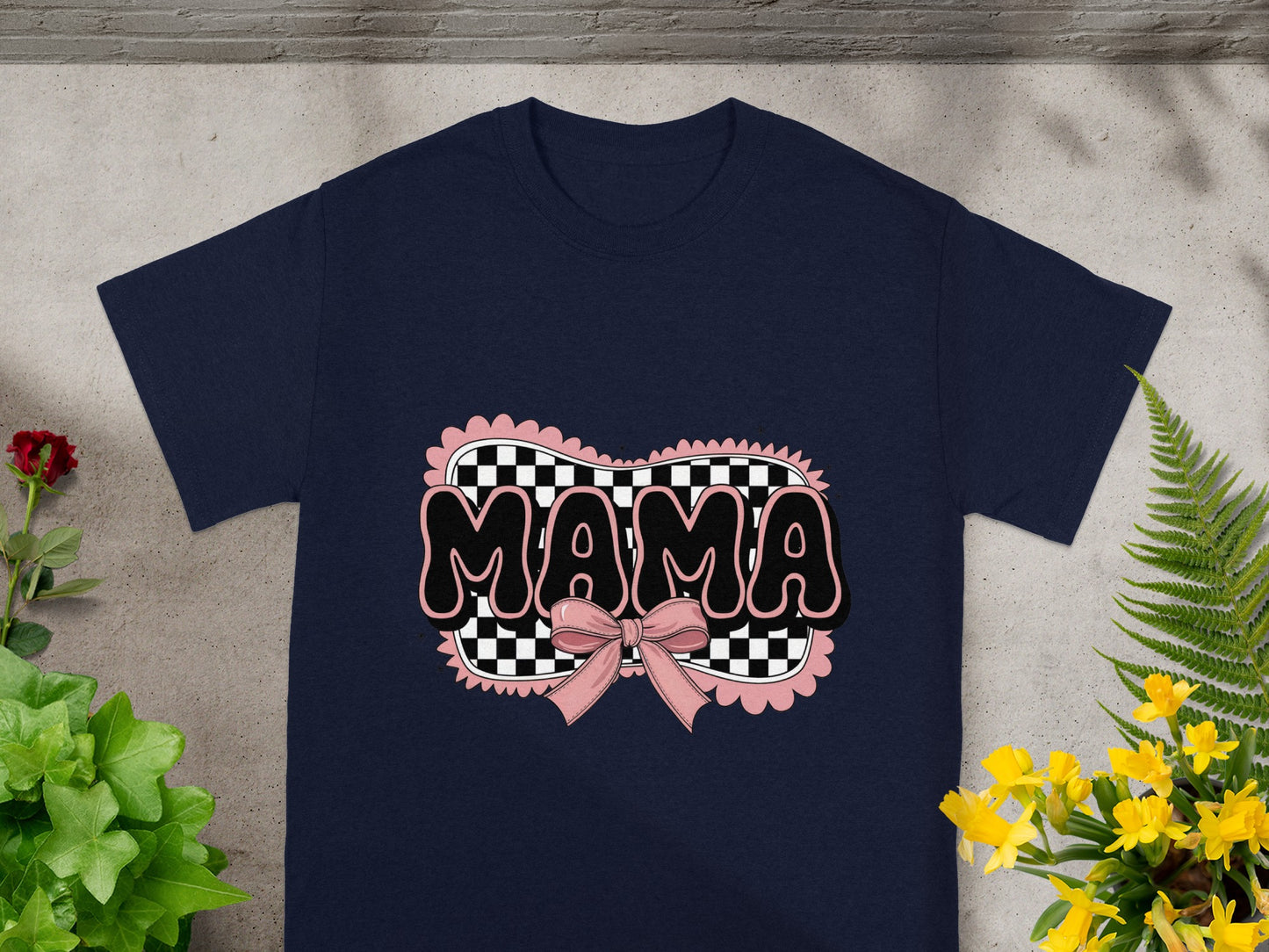 Mama Design Graphic Tee with Checkered Background Shirt