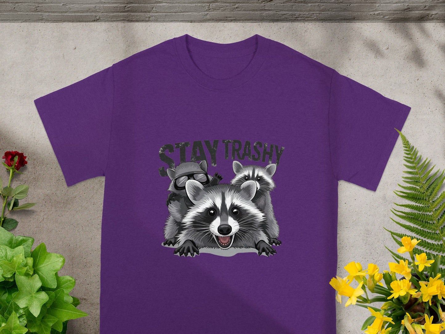 Stay Trashy Raccoon Graphic Purple T-Shirt