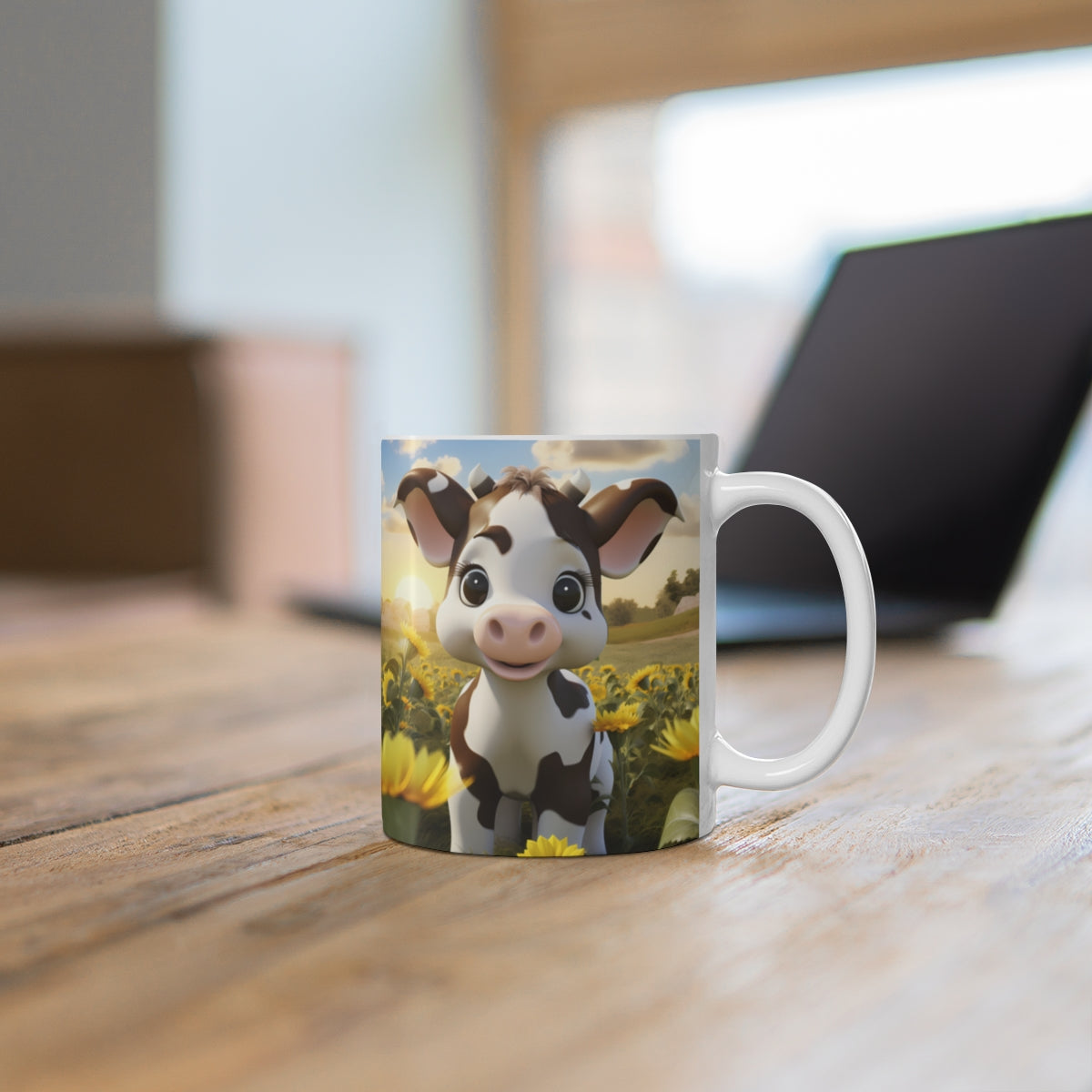 Adorable Cartoon Cow in Sunflower Field Mug