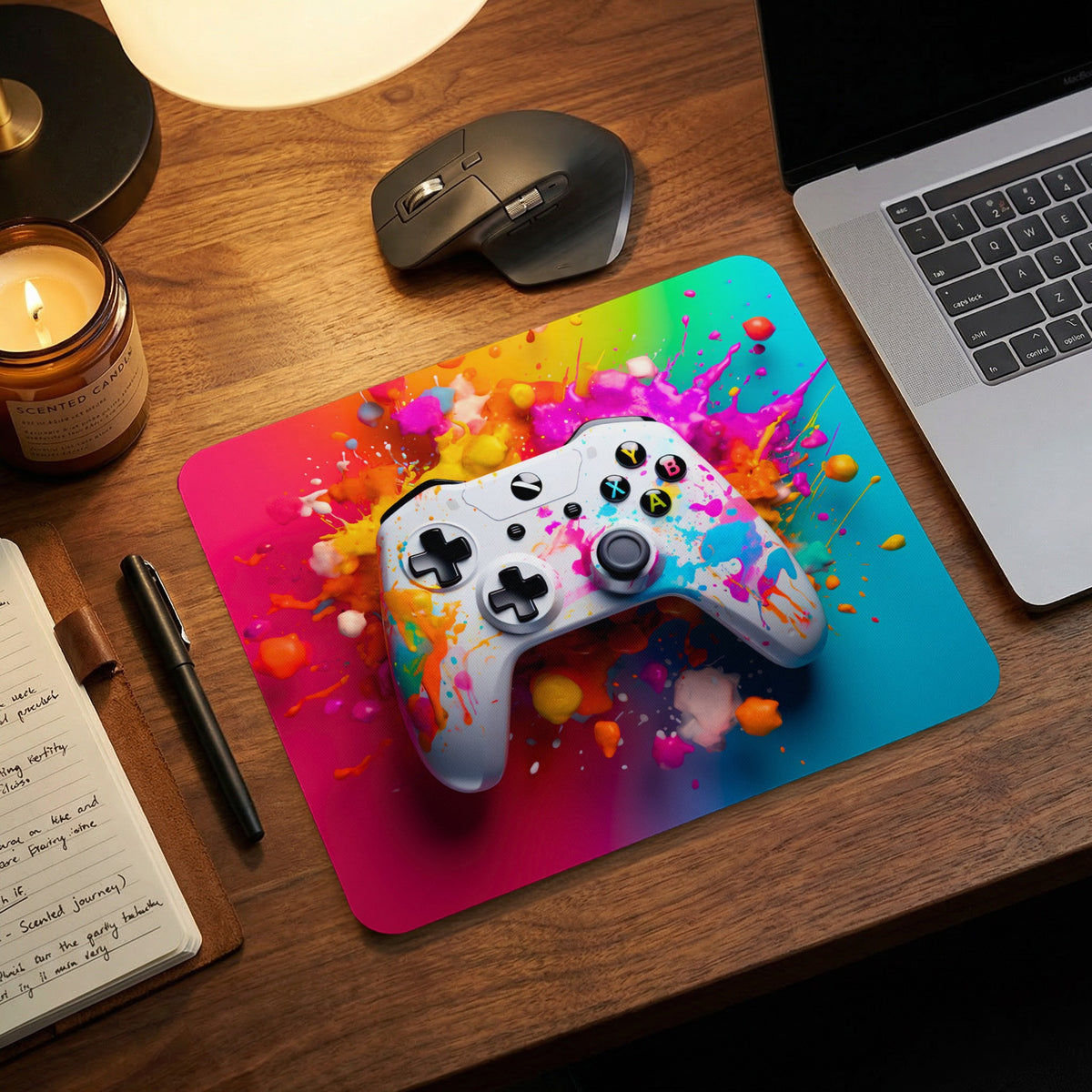 A vibrant mouse pad featuring a white game controller and colorful paint splatters, resting on a wooden desk.