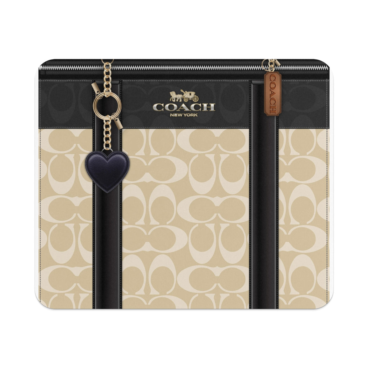 Coach bag with signature "C" pattern, horse and carriage logo, and heart charm.
