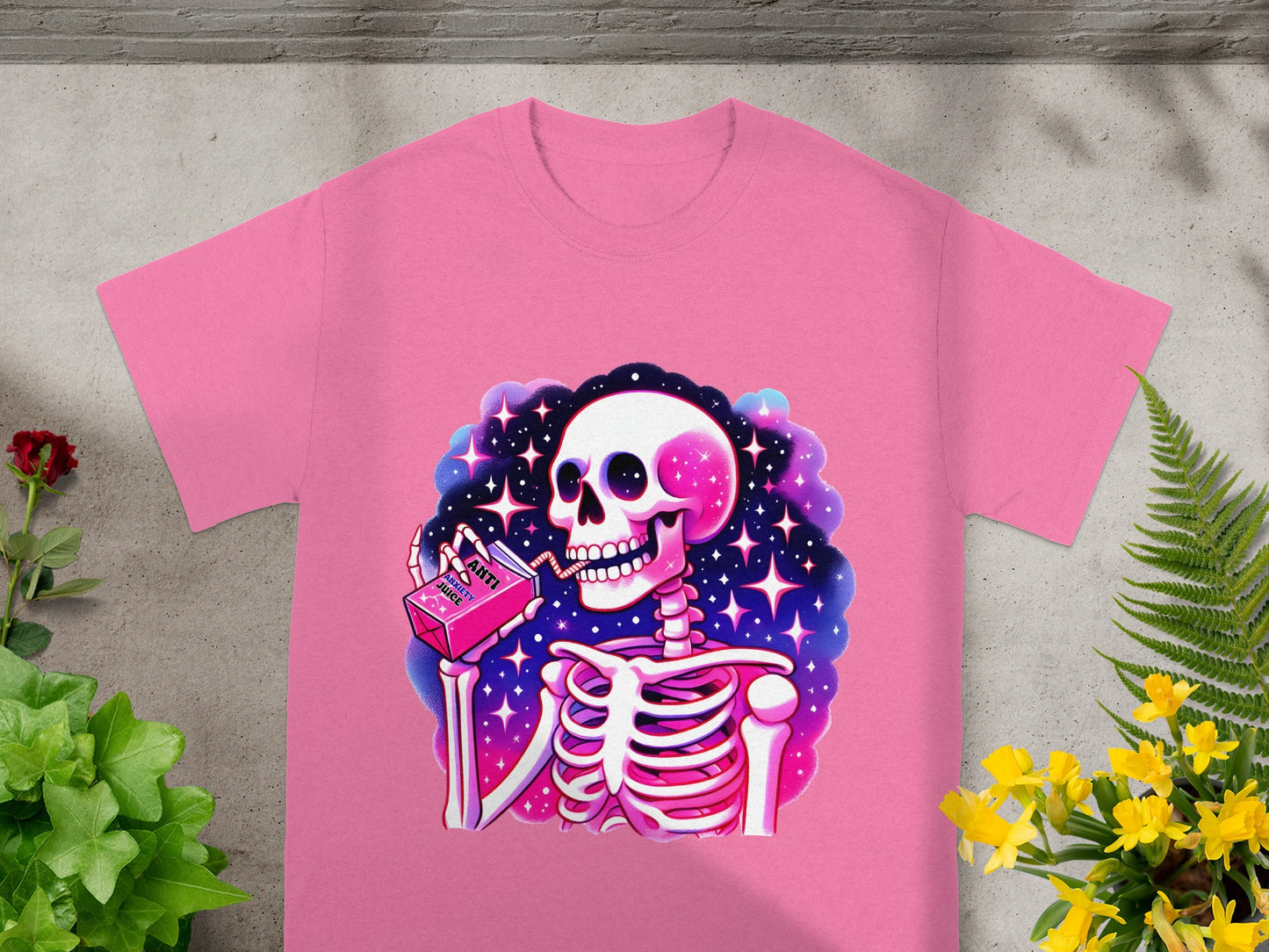 Pink Shirt with Skeleton Drinking Anti-You Juice Product