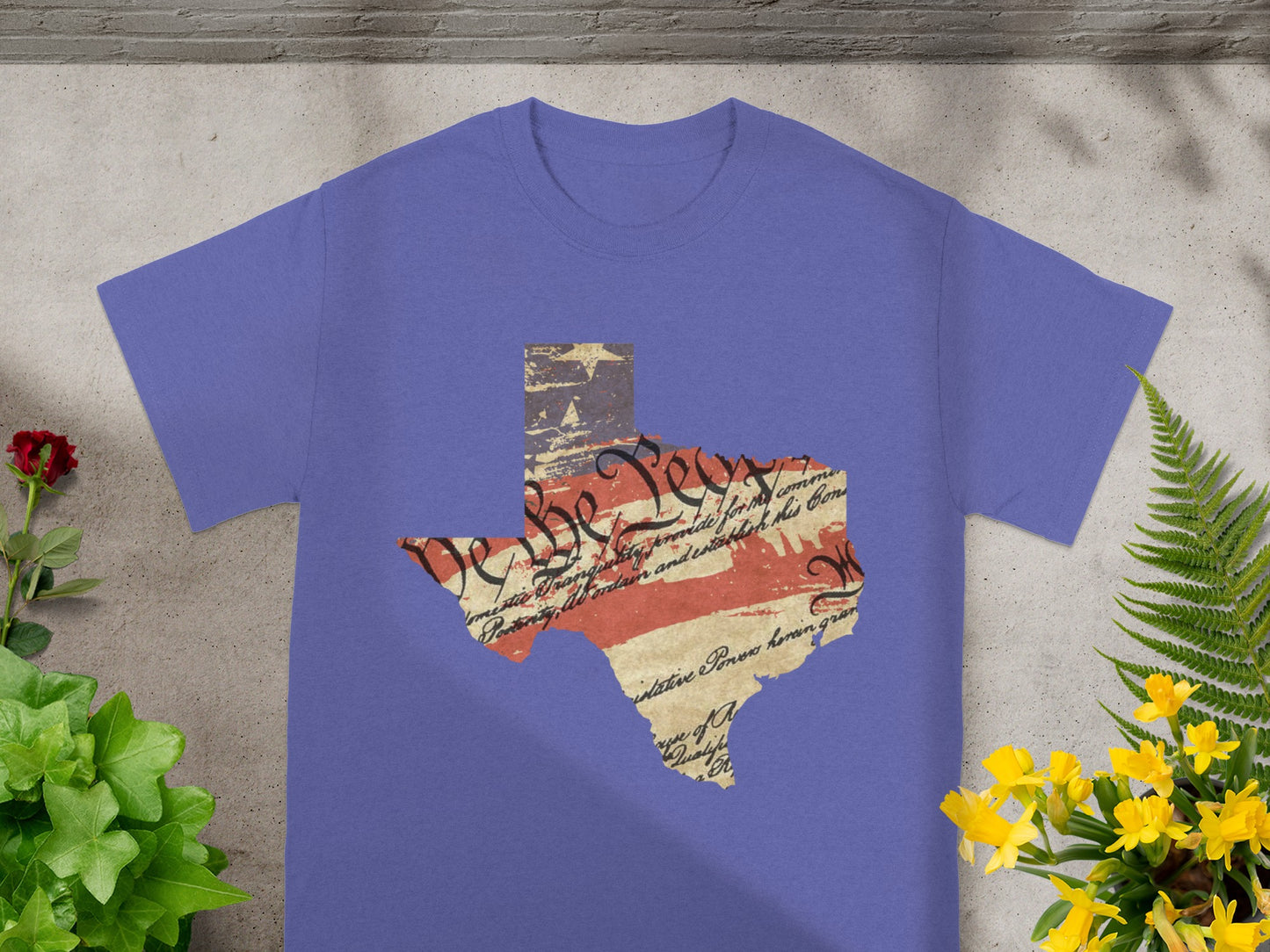 Texas outline t-shirt with distressed US flag and Constitution text.