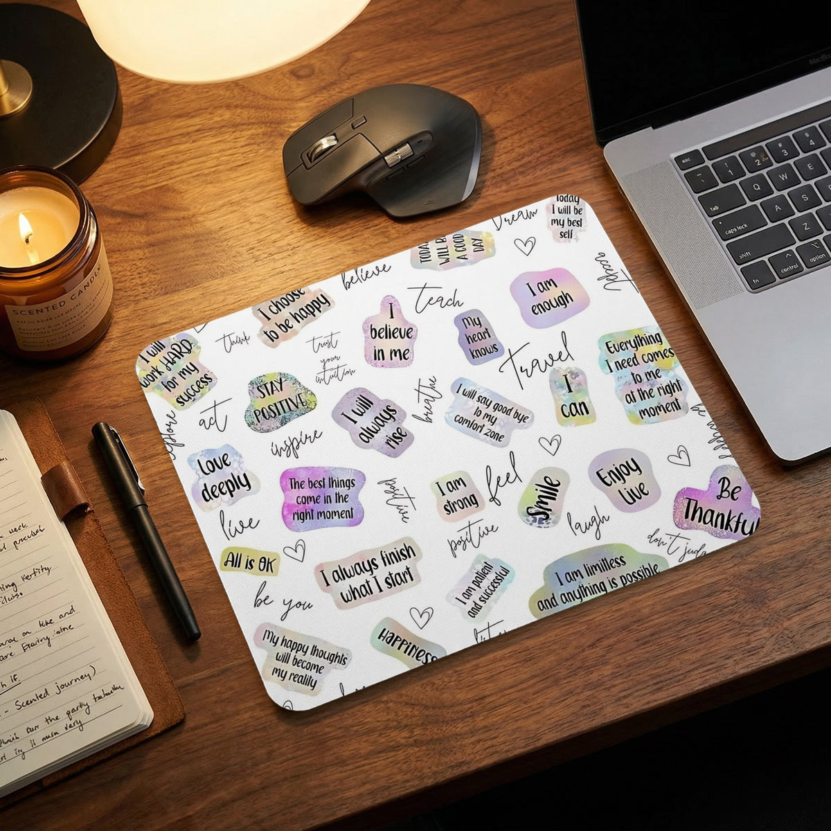 Mousepad with inspirational quotes like "I am enough" and "Stay positive."